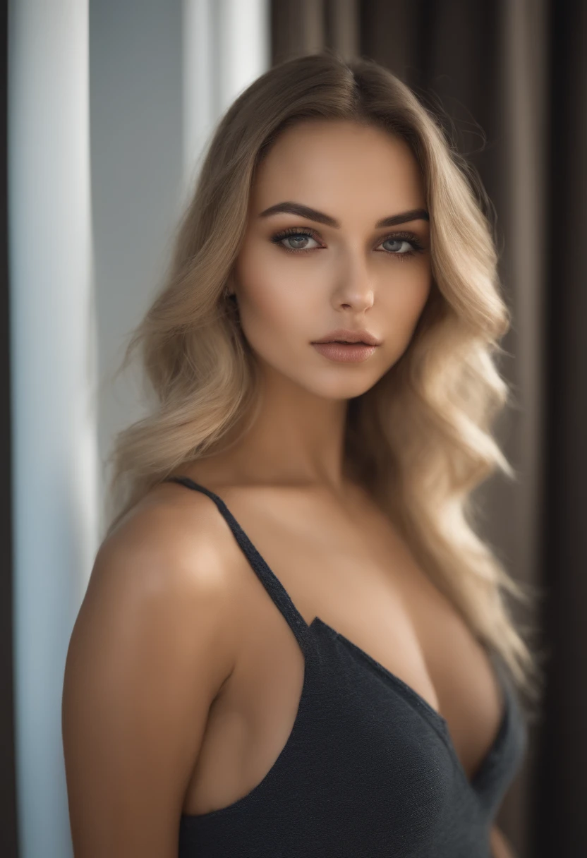 woman with matching tank top and panties, fille sexy aux yeux bleus, Portrait Sophie Mudd, Portrait de Corinna Kopf, cheveux blonds et grands yeux, selfie of a young woman on club, ohne Maquillage, maquillage naturel, Look directly into the camera, Visage avec Artgram, dezentes Maquillage, Superbe photo du corps entier, dans la chambre, gros seins, Blonde