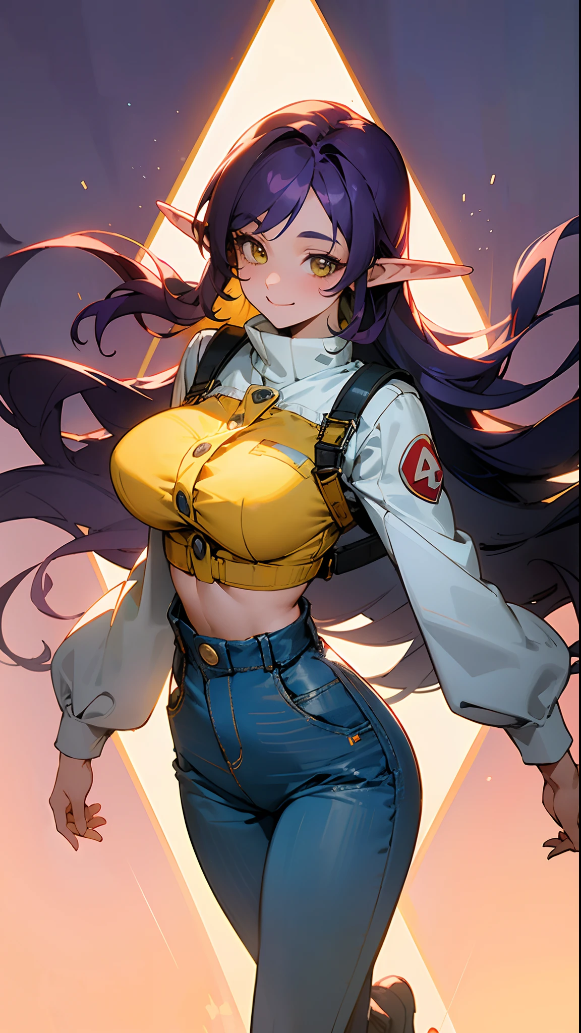 (masterpiece, best quality:1.3),beautiful detailed glow,best illuminate,(((best quality,textile shading,ultra detailed))),extremely detailed CG unity 8k wallpaper,Highly Detailed beautiful and aesthetic,best light,high resolution,detailed,dynamic lighting , 1Character ,  pastel washed out colors , cell shade , soft, muted shades ,gentle colors ,

She wears a short-sleeved, bright red crop top adorned with the iconic white Super Mario "M" logo in the center, The top is layered under a short, puffed-sleeve denim jacket featuring colorful patches, high-waisted, blue denim overalls, overalls are adorned with oversized, yellow buttons on the front and a colorful belt, legs of the overalls are wide and cuffed, happy  , smile , playful , joy ,

Beautiful woman , ((large chest:1)) , ((dark purple hair:1)) , has elf ears  , yellow eyes , thick body , curvy body , extremely long hair , Age 36