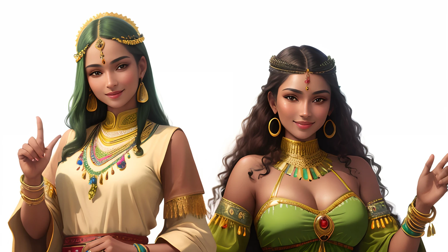 Masterpiece, best quality, very detailed beautiful faces, very detailed hands and fingers, two women have green and yellow colored tribal clothes on, they smile, happy