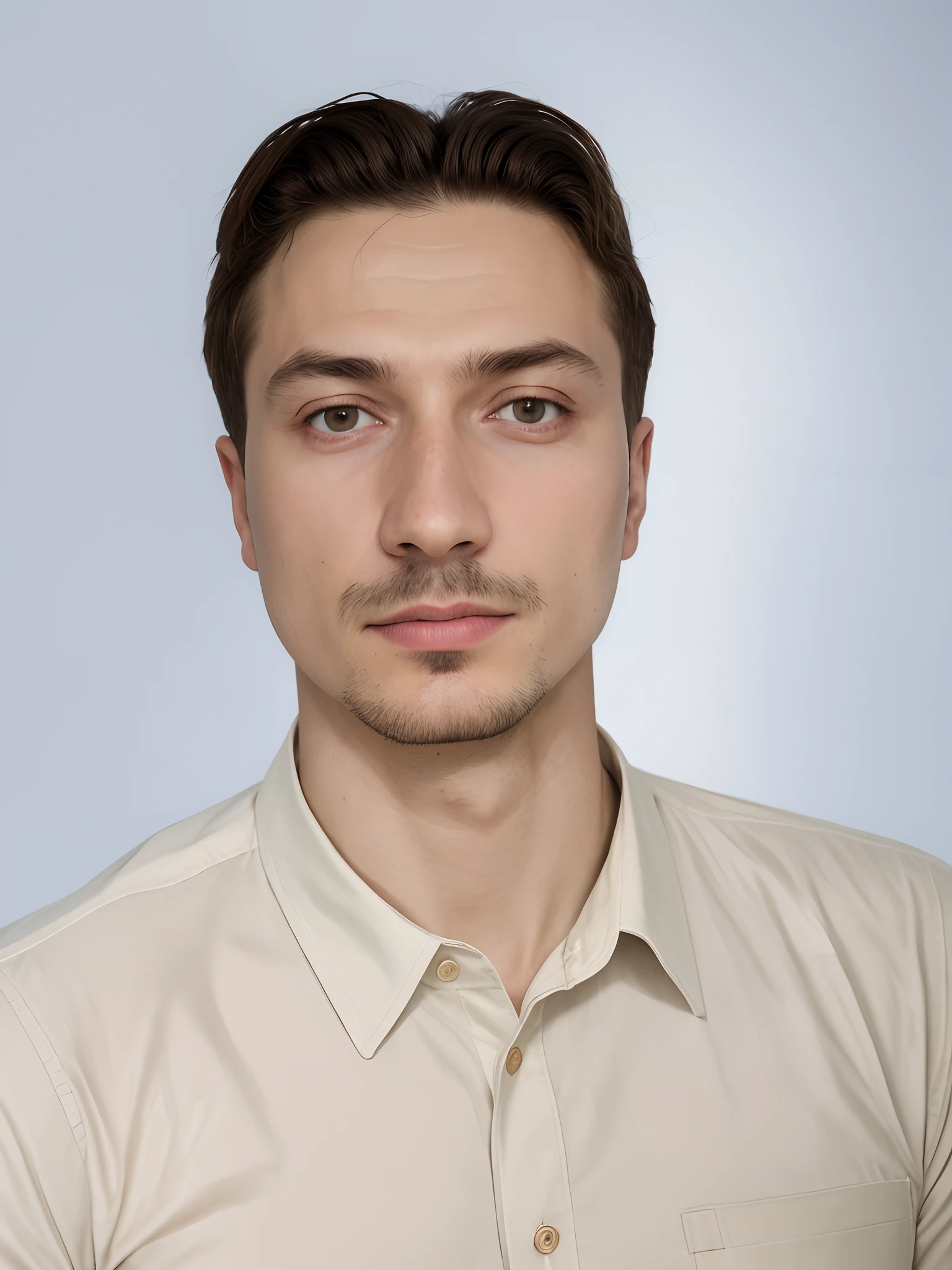 Man in beige shirt posing for photo, bogdan rezunenko, headshot portrait, headshot photograph, headshot profile picture, extreme close up portrait, Andrei Tarkovsky, by andrey ryabovichev, michal mraz, Michał Lisowski, Mivsek wounds, pavel shvedov, whitebackground, Photo CV, Business Style