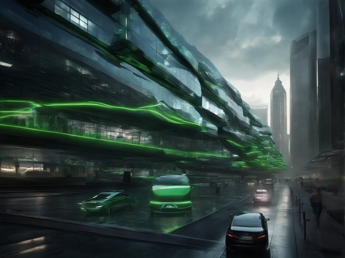 best quality, Realistic, HDR, ultra-detalhado, arquitetura do filme Matrix, futuristic cityscape, Estilo cyberpunk, holographic advertisements, neon lights, towering skyscrapers, chuva digital em cascata, Glass and steel structures, Ruas movimentadas, flying vehicles, Virtual Reality Simulations, Design elegante e minimalista, Esquema de cores preto e verde, Buildings controlled by artificial intelligence, surveillance cameras, Underground Tunnels, becos escuros, Robotic agents, Drones, Matrix Code Transmitting Buildings, post apocalyptic atmosphere, esconderijos rebeldes, Entradas escondidas, realidade distorcida, efeitos de falha, Reflections on glass surfaces, ambiente misterioso e surreal, Sombriously beautiful aesthetics, dark and menacing tones, ambiente 3D imersivo, Skyline Infinito, Advanced technology, Dystopian society.