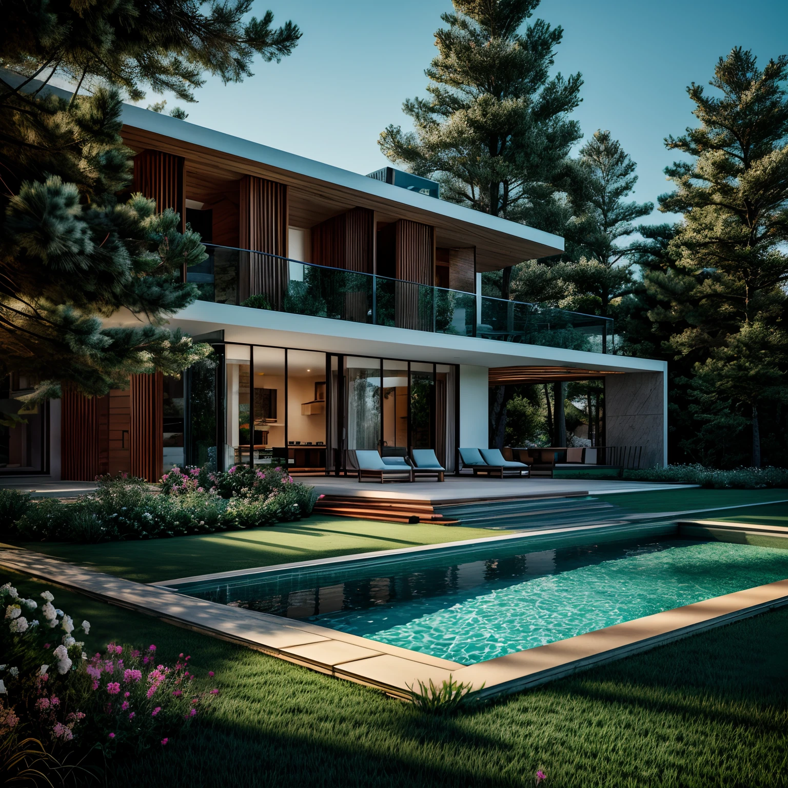 Electronic model, house, forest, flowers, pool, 4k