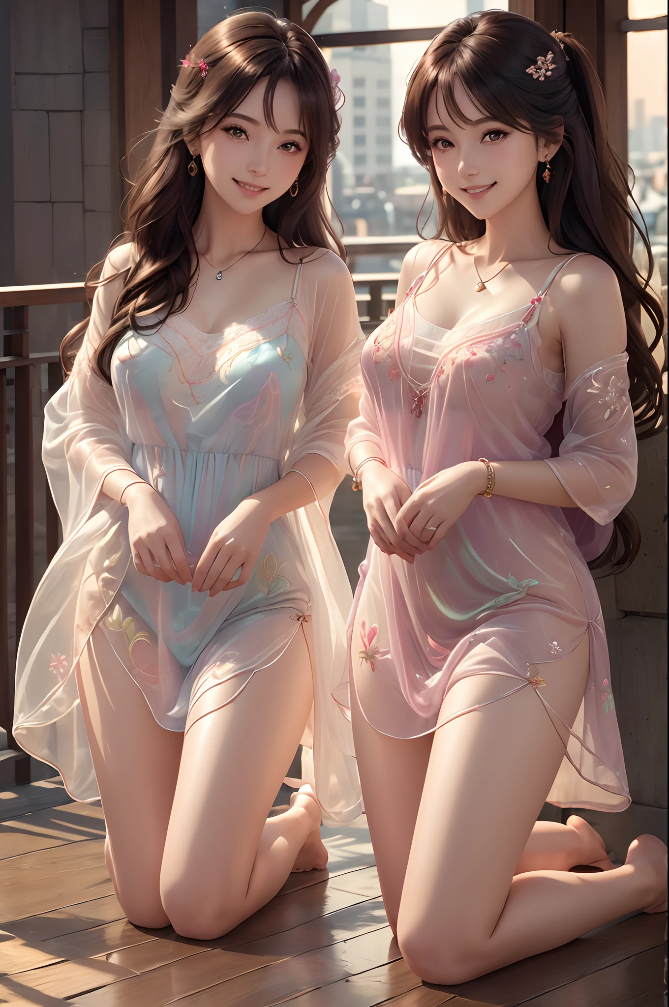 (two girls:1.4,kneeling),((reveals translucent colorful embroidery pattern sleep gown:1.3)), (brown hairs) (looking at viewer:1.3), (laced panty), have a sheen , (reveals translucent,sleeping gown :1.3,embroidery), veranda,(mutiple girls:1.3),8k, masterpiece, RAW photograph:1.4, best quality, photorealistic, extremely detailed CG unity 8k wallpaper, Depth of field, Cinematic Light, Lens Flare, Ray tracing, (extremely beautiful face, beautiful lips, beautiful eyes), intricate detail face, ((ultra detailed skin)) 2girls, in the dark, deep shadow, pretty girls, idol, ((looking at viewer)),(big smile:1.3), (cityscape, blurry background), (dim lights, rooftops, veranda), pretty girls, earrings, bracelets, necklace, clear eyes, walking , front shot, (pale skin), faces forward, (big eyes), ((full body shot)), ((silk Laced)), (brown hairs) (looking at viewer:1.3), (laced panty), have a sheen ,