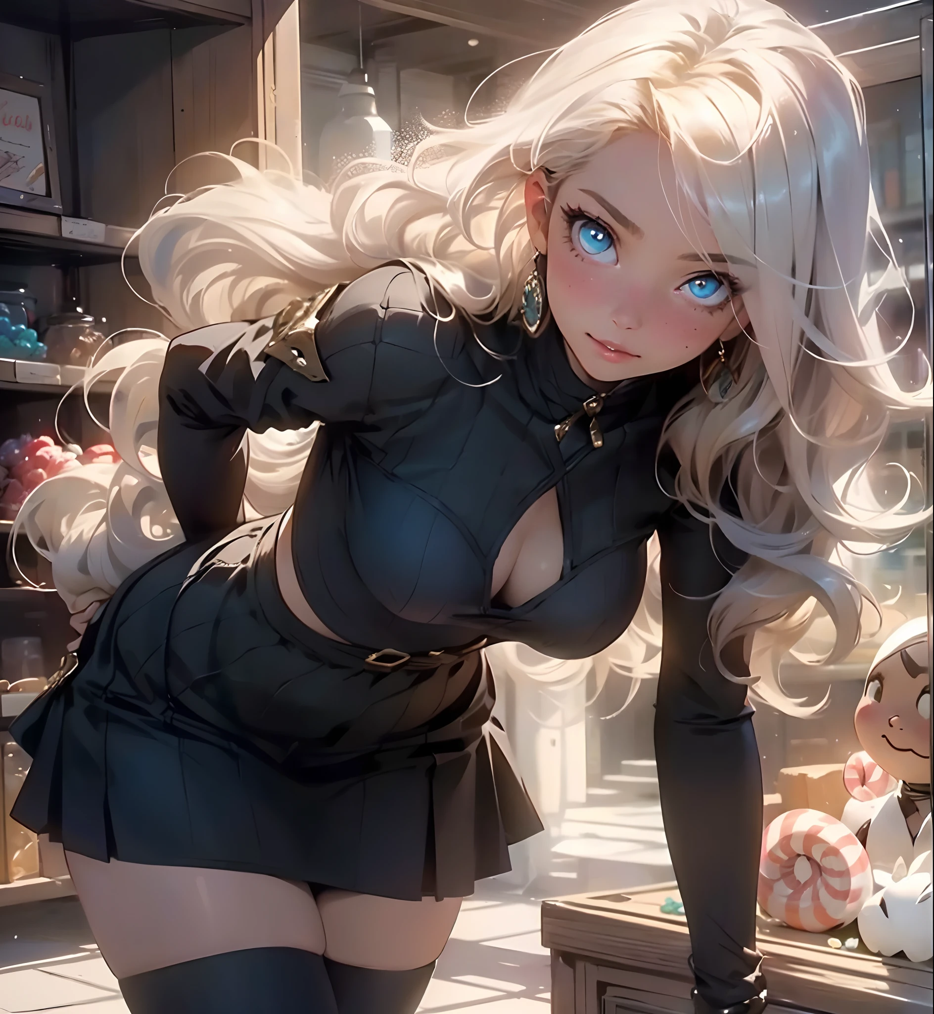 Melancholy lighting, Take it easy, calm, shine, masterpiece, best quality, 1 girl, (JinxLol: 1.2), (ultra photorealistic: 1.3), (masterpiece: 1.4), best quality, ((realistic)), high quality, Ultra Detailed, ((real image)), ((realistic skin)), ((realistic face)), (illustration: 1.05), (beautiful: 1.05), (beautiful detailed eyes: 1.05), (cinematic light: 1.1), full body, accurate proportions, 25-year old girl, CURVY model (wearing sexy candy outfit:1.6), (exposing big boobs:1.2),(standing up straight showing outfit :1.8), (in a candy shop filled surrounding:1.7),waves, BLOND hair fluttering in the wind, long legs, slightly open feet, butt, blushing, shyness, clavicle, abs, double texture, beautiful and delicate face, fair skin, real skin, (face detail), couples, super high res, 8k, parameters Best quality, masterpiece, super high res, (Realistic 2.0), more details, detailed skin, wide smile, white teeth, VOLUMINOUS GINGER BLONDIE hair, perfect and well-drawn eyes, girlfriend, cute, pretty, studio illumination, (((PERFECT EVEN EYES:1.1)))