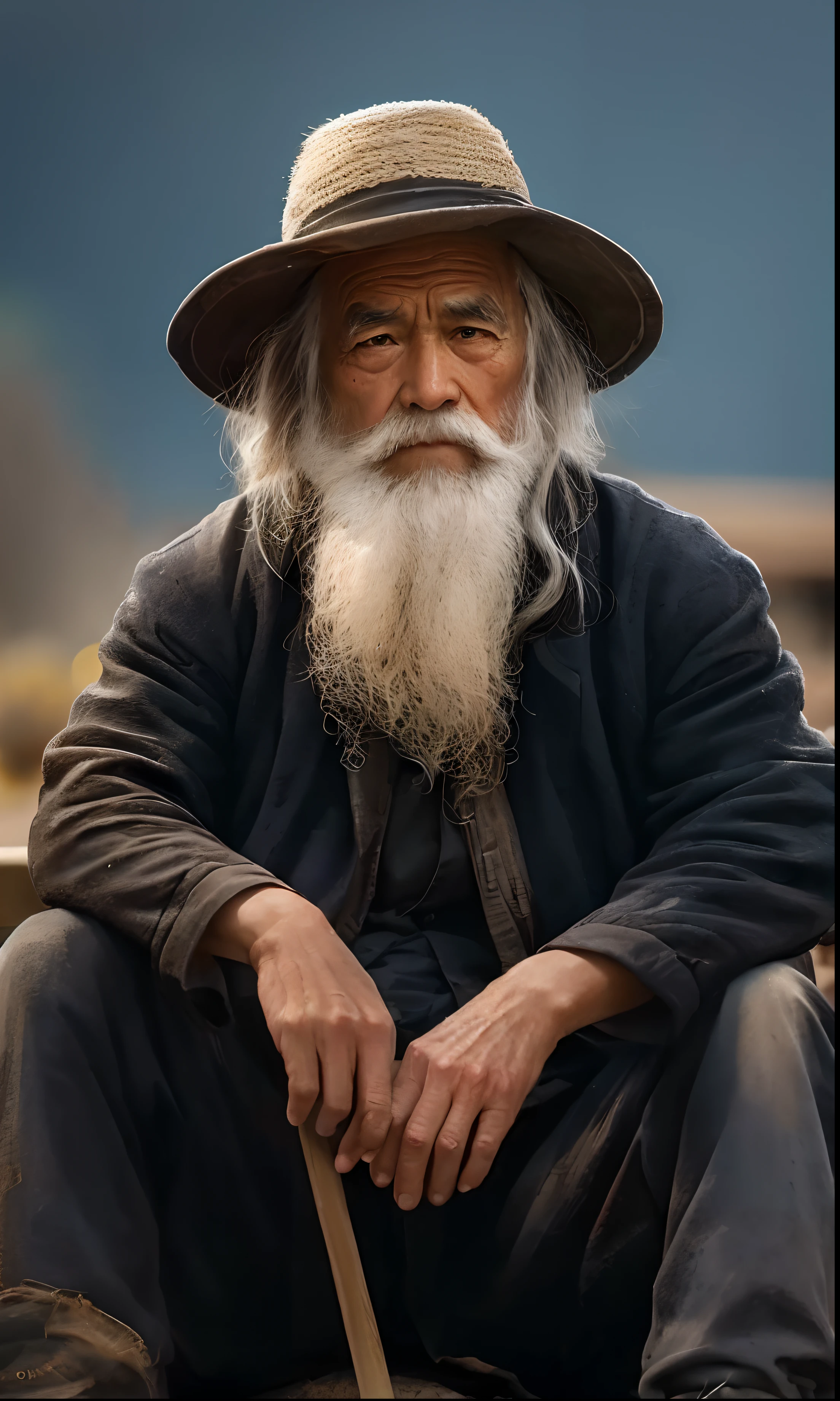 Man with a long beard and a hat sitting on a bench, Wise old man, um velho, foto do retrato de um homem velho, old man, Asian people, um homem de 80 anos, retrato do homem velho, macho velho, peaceful expression, retrato perfeitamente centrado, foto de um homem, Chinese artist, um velho，An old man with glasses