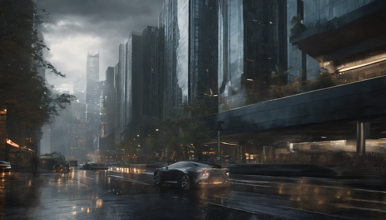 best quality, Realistic, HDR, ultra-detalhado, arquitetura do filme Matrix, futuristic cityscape, Estilo cyberpunk, holographic advertisements, neon lights, towering skyscrapers, chuva digital em cascata, Glass and steel structures, Ruas movimentadas, flying vehicles, Virtual Reality Simulations, Design elegante e minimalista, Esquema de cores preto e verde, Buildings controlled by artificial intelligence, surveillance cameras, Underground Tunnels, becos escuros, Robotic agents, Drones, Matrix Code Transmitting Buildings, post apocalyptic atmosphere, esconderijos rebeldes, Entradas escondidas, realidade distorcida, efeitos de falha, Reflections on glass surfaces, ambiente misterioso e surreal, Sombriously beautiful aesthetics, dark and menacing tones, ambiente 3D imersivo, Skyline Infinito, Advanced technology, Dystopian society.