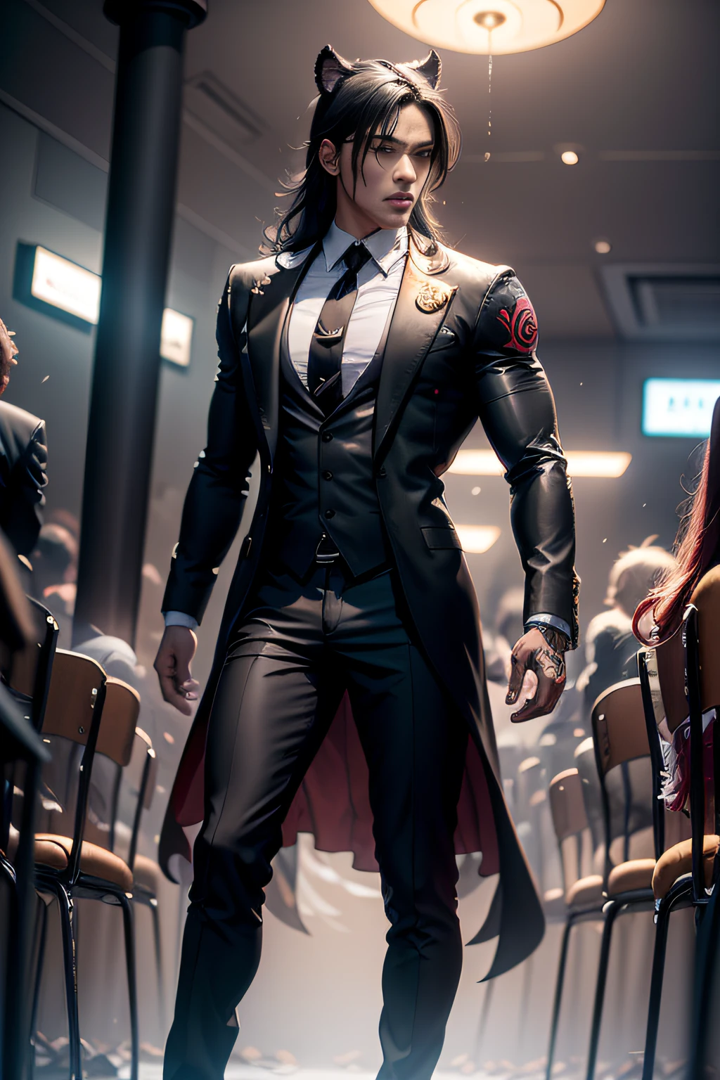 Best Quality, masutepiece, High resolution, artist name, Background of the city oversight, Starry sky, Tech Metropolis, Night, 1boy, Panther head, Asians, exaggerated muscles, robust, Full body, (tattoo all:1.2) Perfect face, Black hair, Black jacket, Black tie, Brown eyes, Sleeveless Dress Shirt, gaze at the audience, Golden tie, reality, Shirt, Solo, wing collar