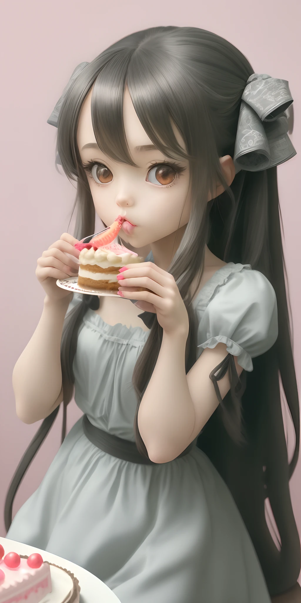 An adorable anime girl with tied up long hair, fashionable, act in cute while eating a cake , printable, ultra HD res, intricated detailed, very detailed