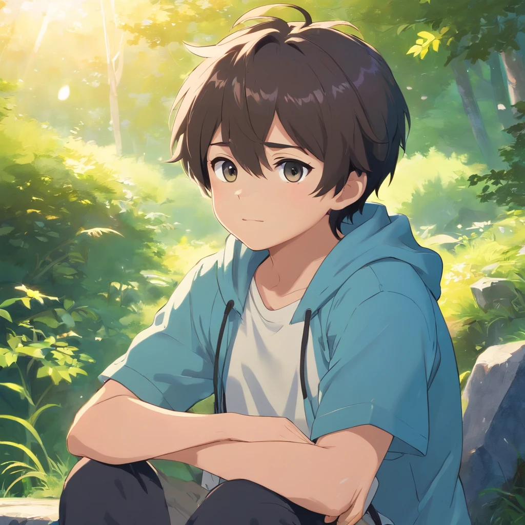 An anime boy of fifteen years old, with brown hair, sits under a tree in the shade. Beads of sweat are dripping from him because he was running in physical education class.