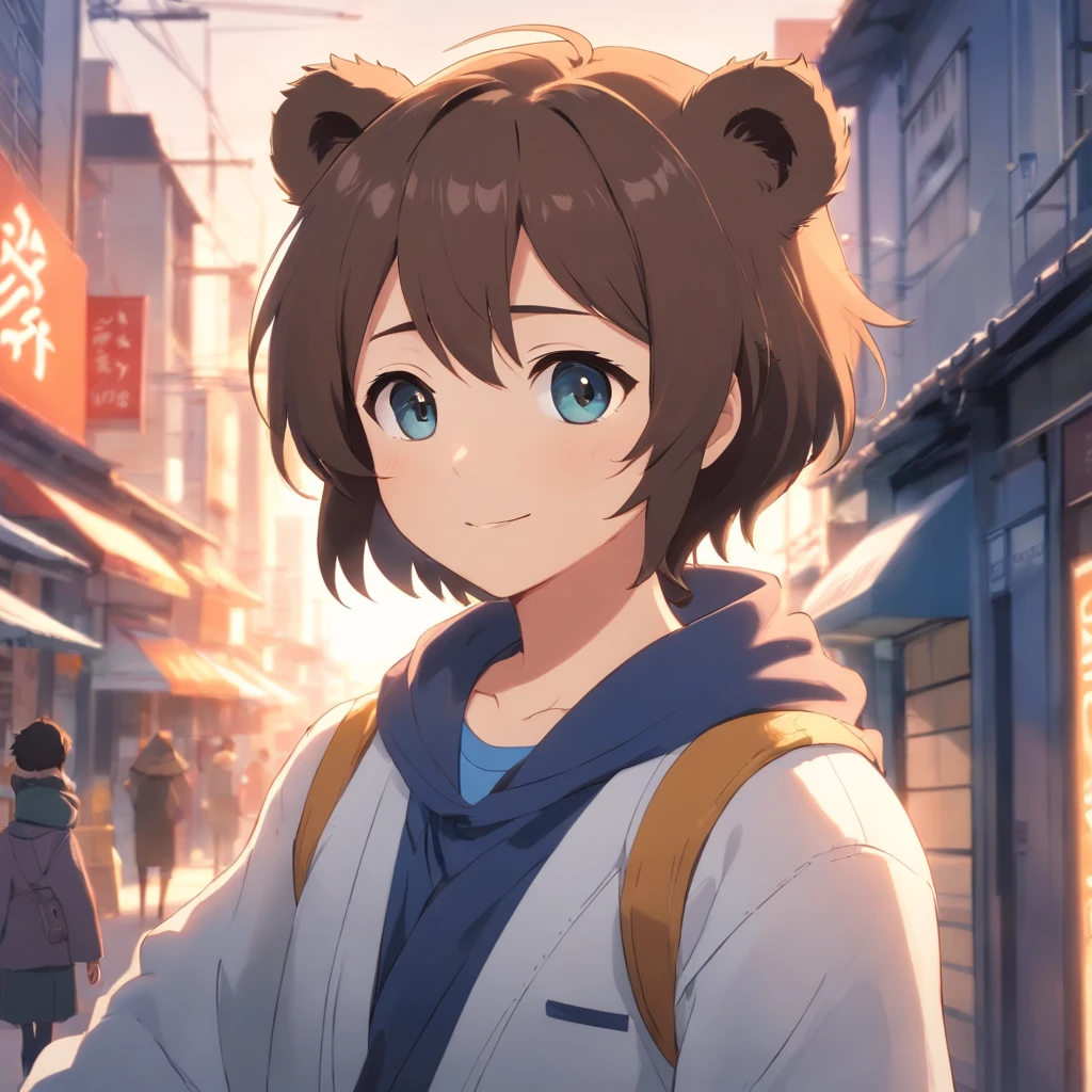 tmasterpiece,best qualtiy,cinematic Film still from,Cute bear oak,Boy,Hair color:Black and Silver,Pupil color:cyan colors,Shaggy,adolable,rays of sunshine,ssmile,black and white clothes,Furry,chubby,Boy
