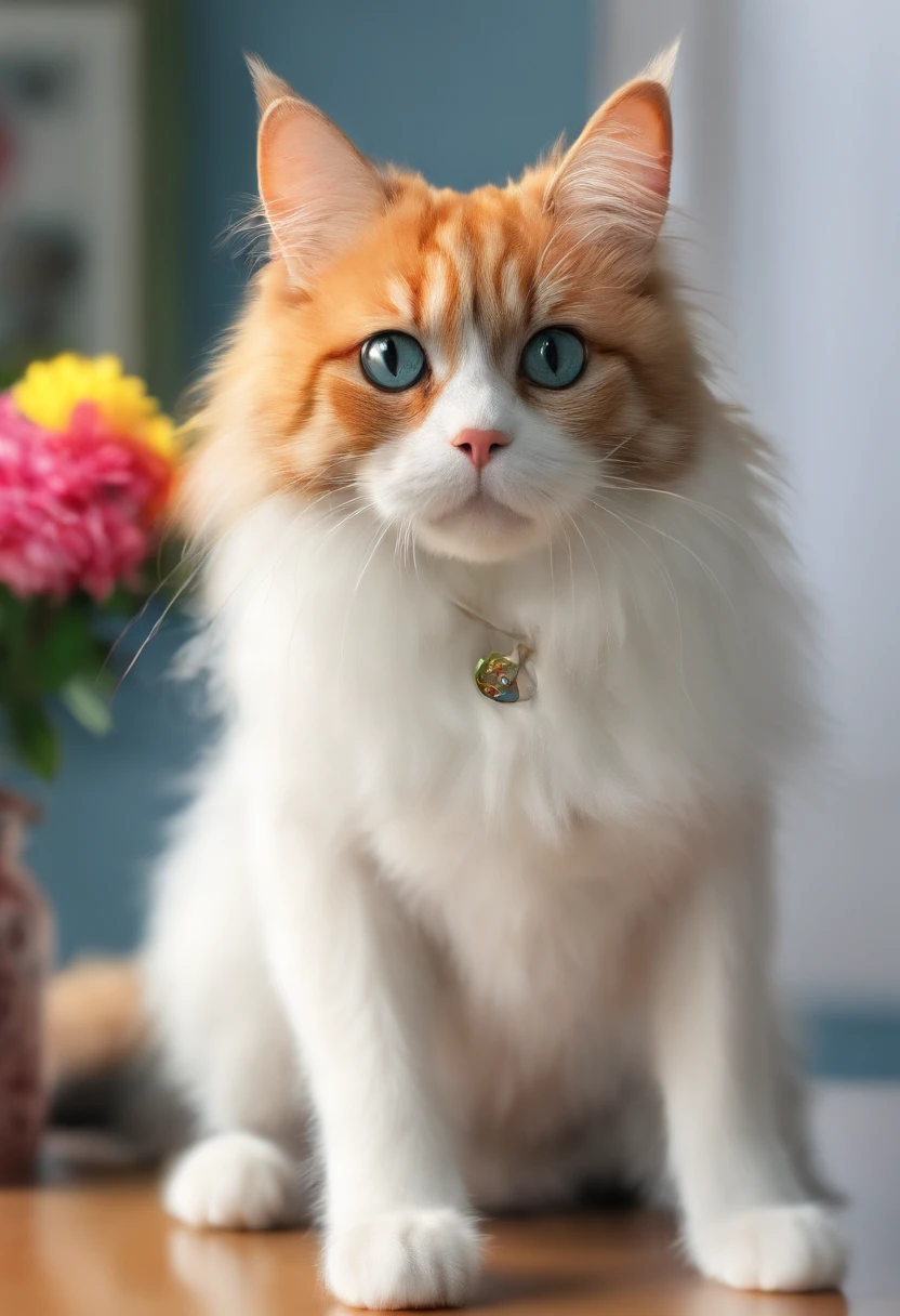 A hybrid of cats and dogs: Naughty cat chasing tennis, Wag the dog's tail, Curious cat ears, Furry dog hair, Naughty cat's eye, Friendly dog nose, Cat-dog friendship, interior setting, Vibrant colors, realistic fur texture, High resolution and fine detail, Soft lighting, The joy of pet owners, a joyful atmosphere, Furry companions, Cosy home. [Cat-like eyes], [The dog wags its tail], (Vivid colors), (high resolution), (Soft lighting), (realistic fur texture)