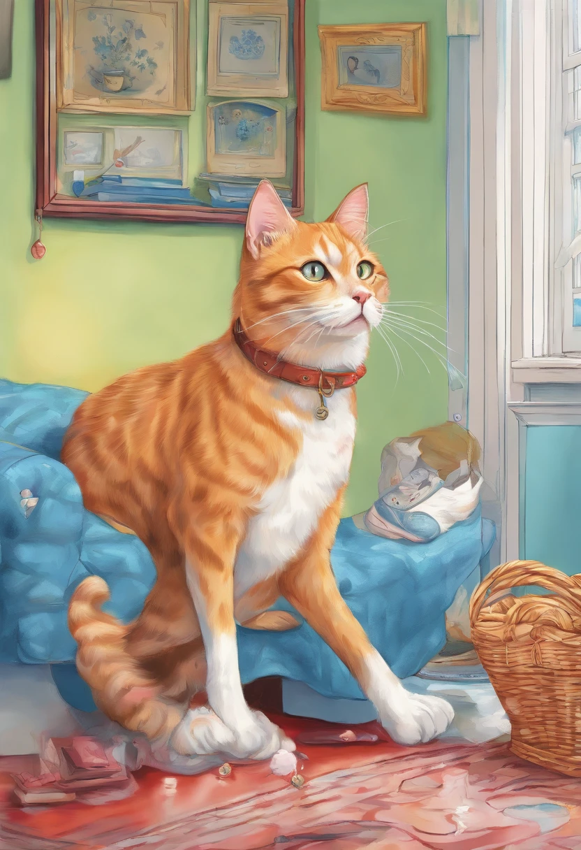 A hybrid of cats and dogs: Naughty cat chasing tennis, Wag the dog's tail, Curious cat ears, Furry dog hair, Naughty cat's eye, Friendly dog nose, Cat-dog friendship, interior setting, Vibrant colors, realistic fur texture, High resolution and fine detail, Soft lighting, The joy of pet owners, a joyful atmosphere, Furry companions, Cosy home. [Cat-like eyes], [The dog wags its tail], (Vivid colors), (high resolution), (Soft lighting), (realistic fur texture)