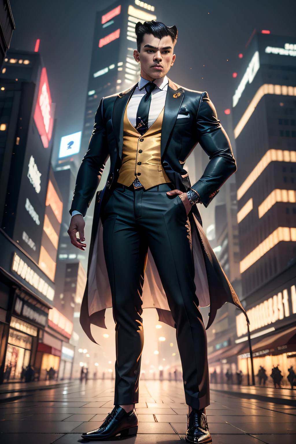 Best Quality, masutepiece, High resolution, artist name, Background of the city oversight, Starry sky, Tech Metropolis, Night, 1boy, Panther head, Asians, exaggerated muscles, robust, Full body, (tattoo all:1.2) Perfect face, Black hair, Black jacket, Black tie, Brown eyes, Sleeveless Dress Shirt, gaze at the audience, Golden tie, reality, Shirt, Solo, wing collar