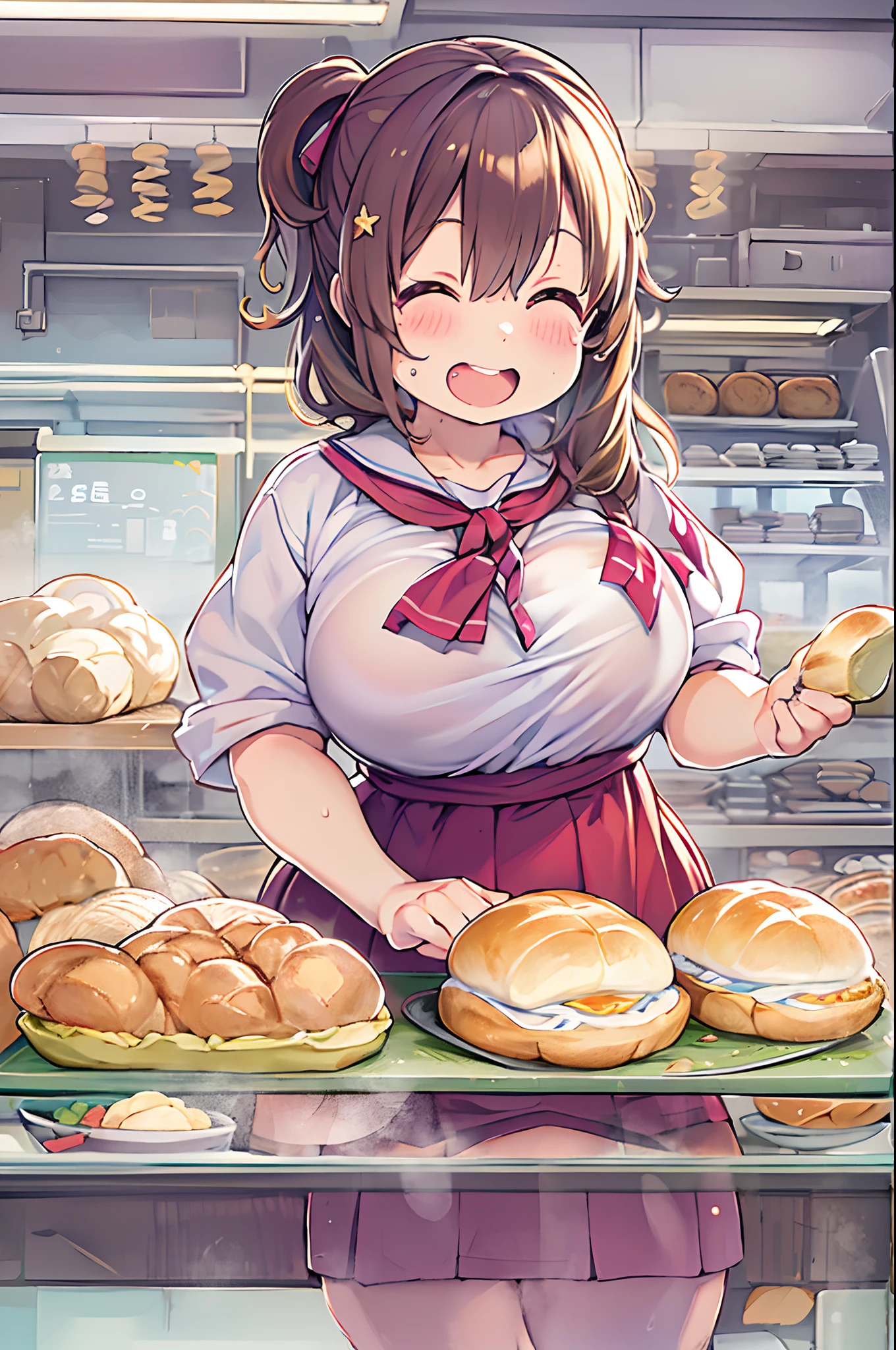 1人、huge-breasted、kawaii、bbw、thick thight、big butts、Ultramammy,TThe shirt、pleatedskirt、In the bakery、Bread lining、A big smile