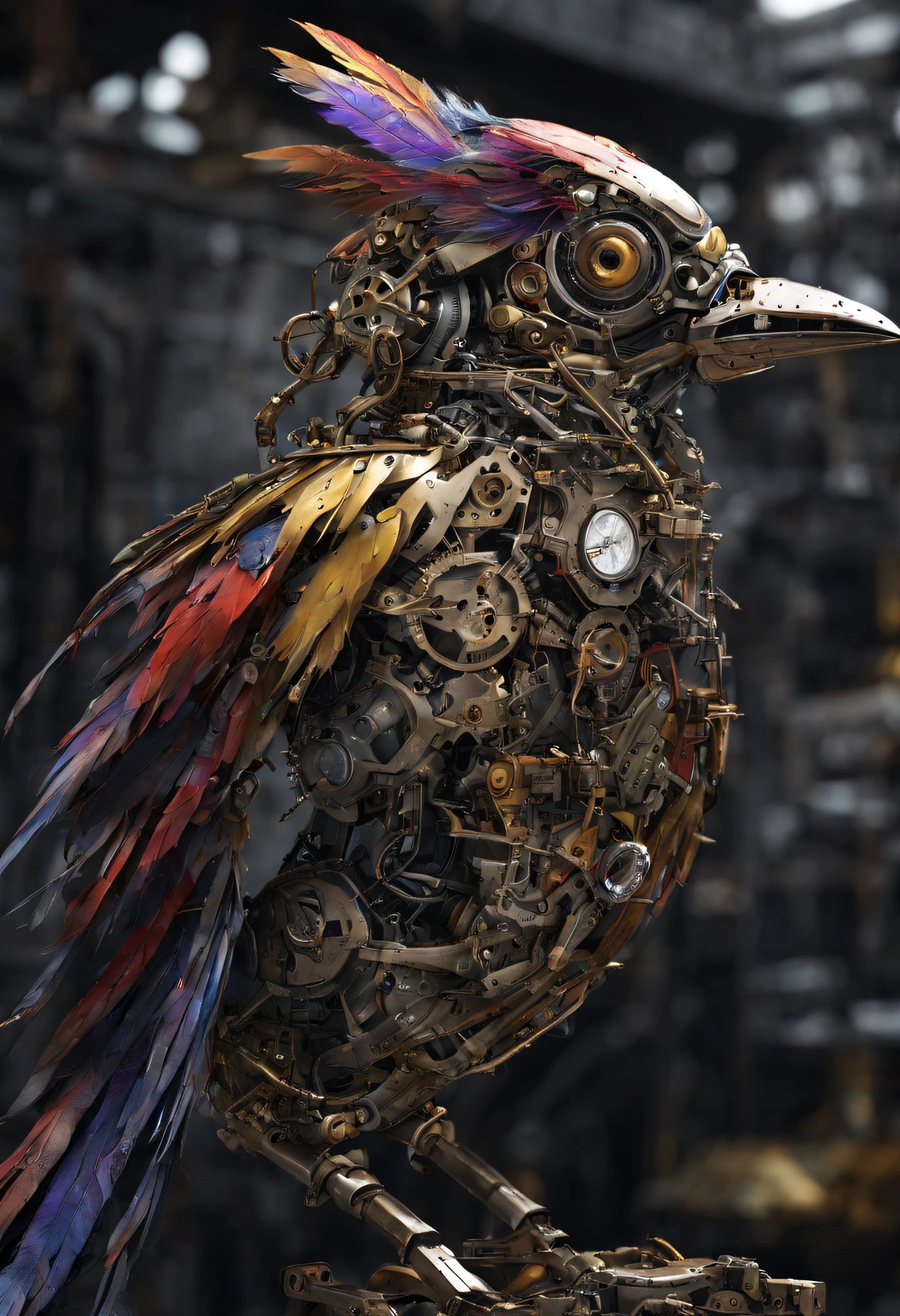 (( mechanical bird )), splatter art background, multicolor , wide shot, machinery,  Super detailed, 24k, Unreal Engine 5, Intricate details, ultra realistic , ((long tail)), ((tail feathers composed of machine parts)), detailed eyes