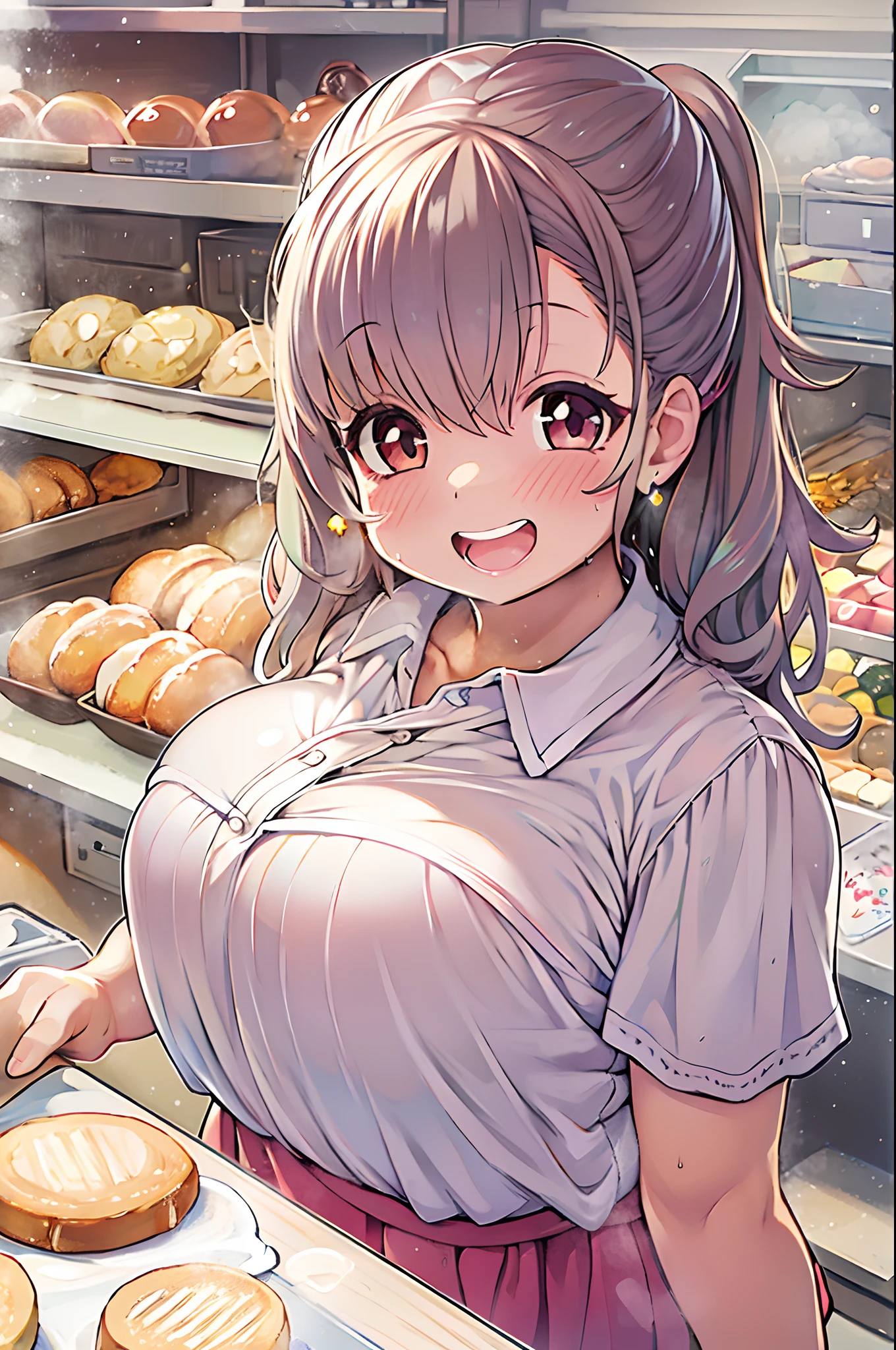 女の子1人、huge-breasted、kawaii、bbw、thick thight、big butts、Ultramammy,TThe shirt、pleatedskirt、In the bakery、Bread lining、A big smile