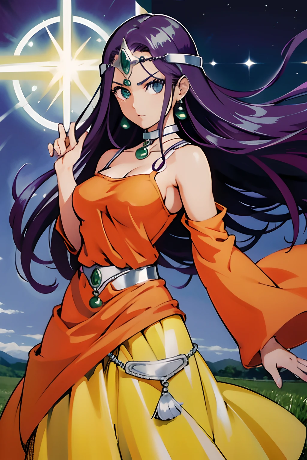 hight resolution、​masterpiece、1girl in、DQ Minnea, circlet, earrings, Choker, Bracelet, Orange dress、Being in a fierce storm、gust of wind、Shoot a blade of light from the hand、Light Green Magic Circle、A big tornado、Countless curved blades of light