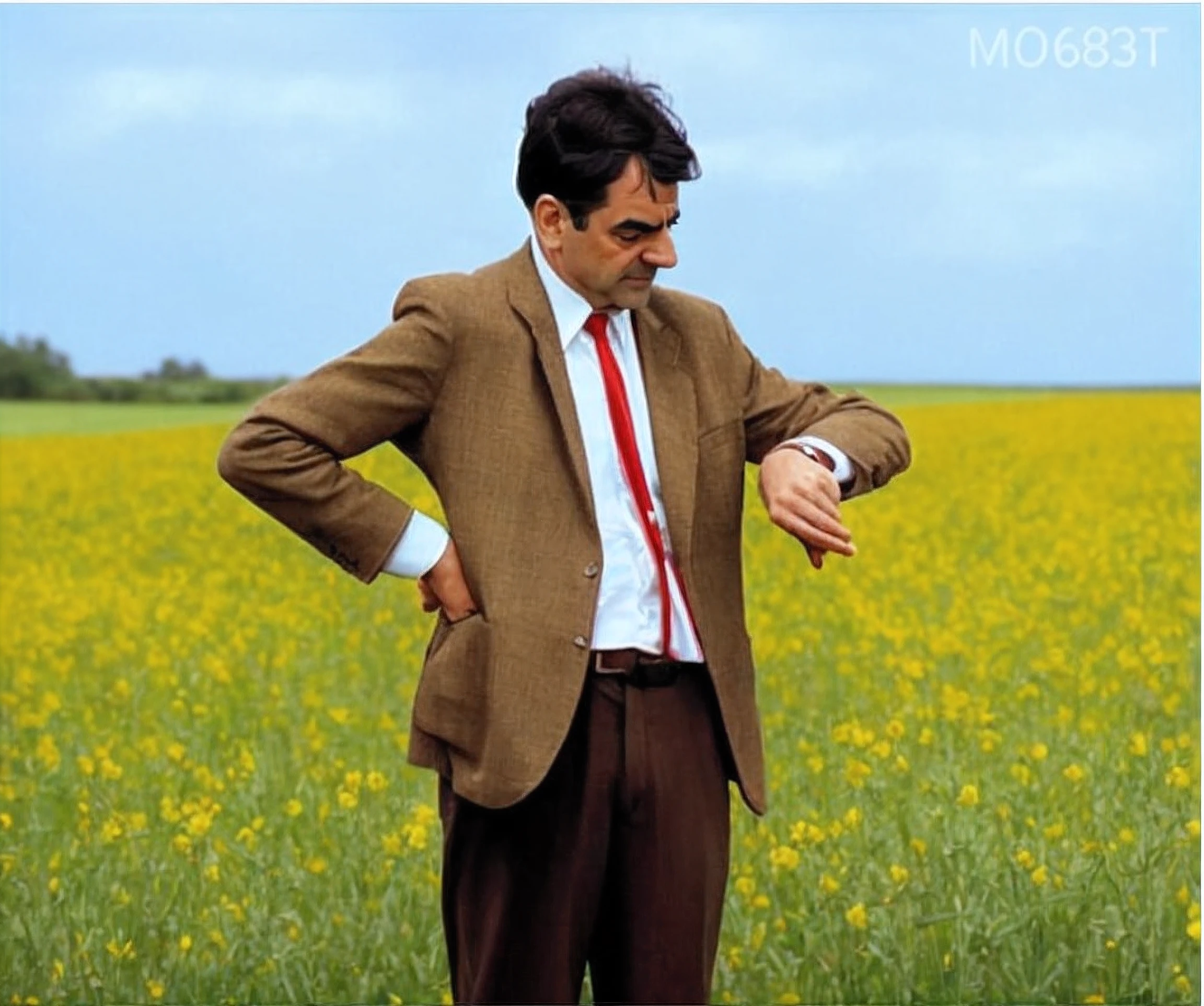 There's a man standing in a field of yellow flowers, Sr. Beanstalk (Rowan Atkinson), Um filme ainda de Mr Bean, Sr. Beanstalk, Sr. Beanstalk, no meio de um campo, Standing in a field, em um campo, standing in a field with flowers, sentado em um campo, em um campo gramado, Wearing a worn-out suit looking at the watch on his right wrist with his left hand resting on his hip. Rosto do Mr Bean