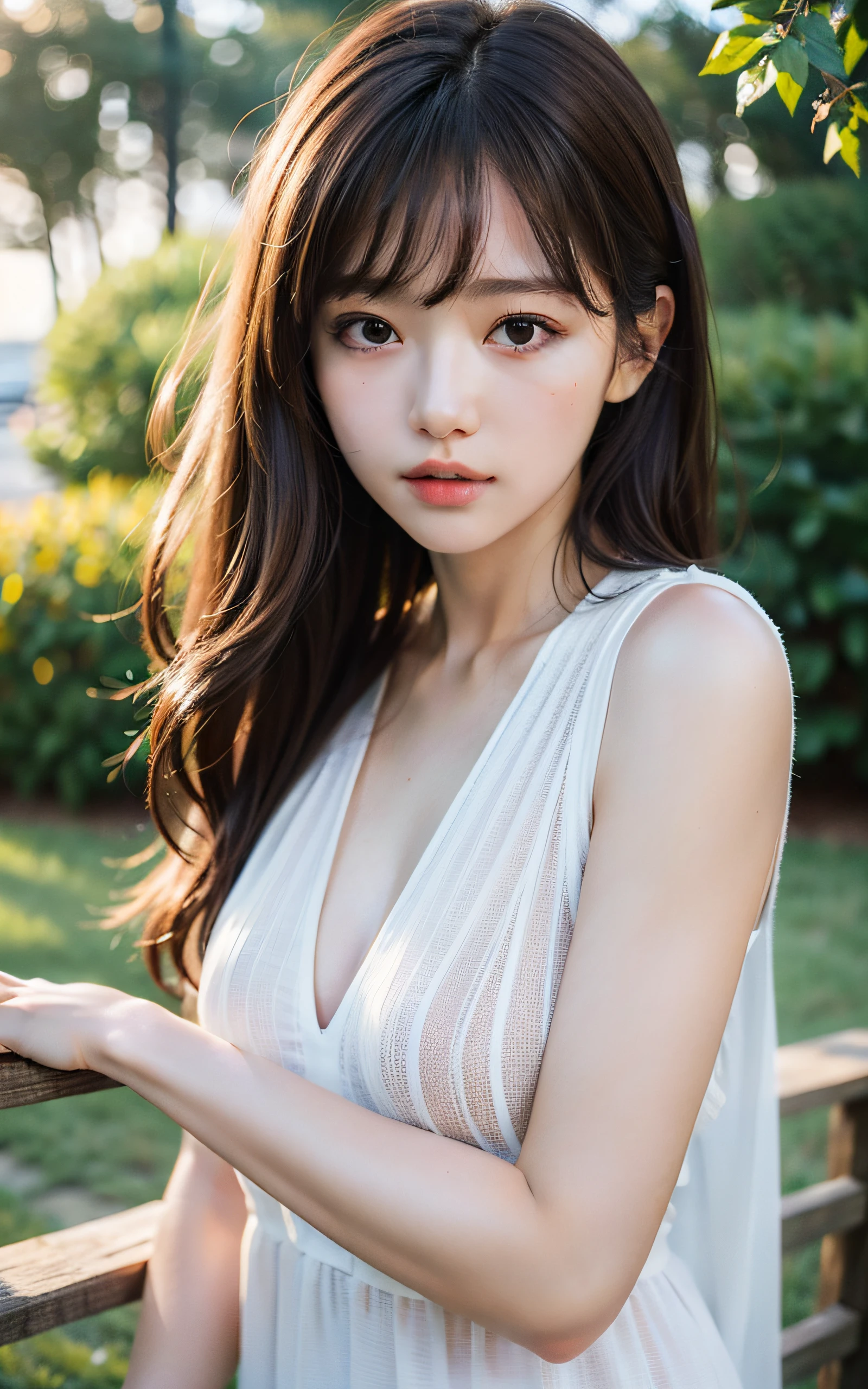 (Masterpiece:1.3), (8k, Photorealistic, RAW Photography, Best Quality: 1.4), soft light, professional lighting, 1girl, , neat and clean beauty, shy, turn pale, Brown Medium hair, bangs, outdoors