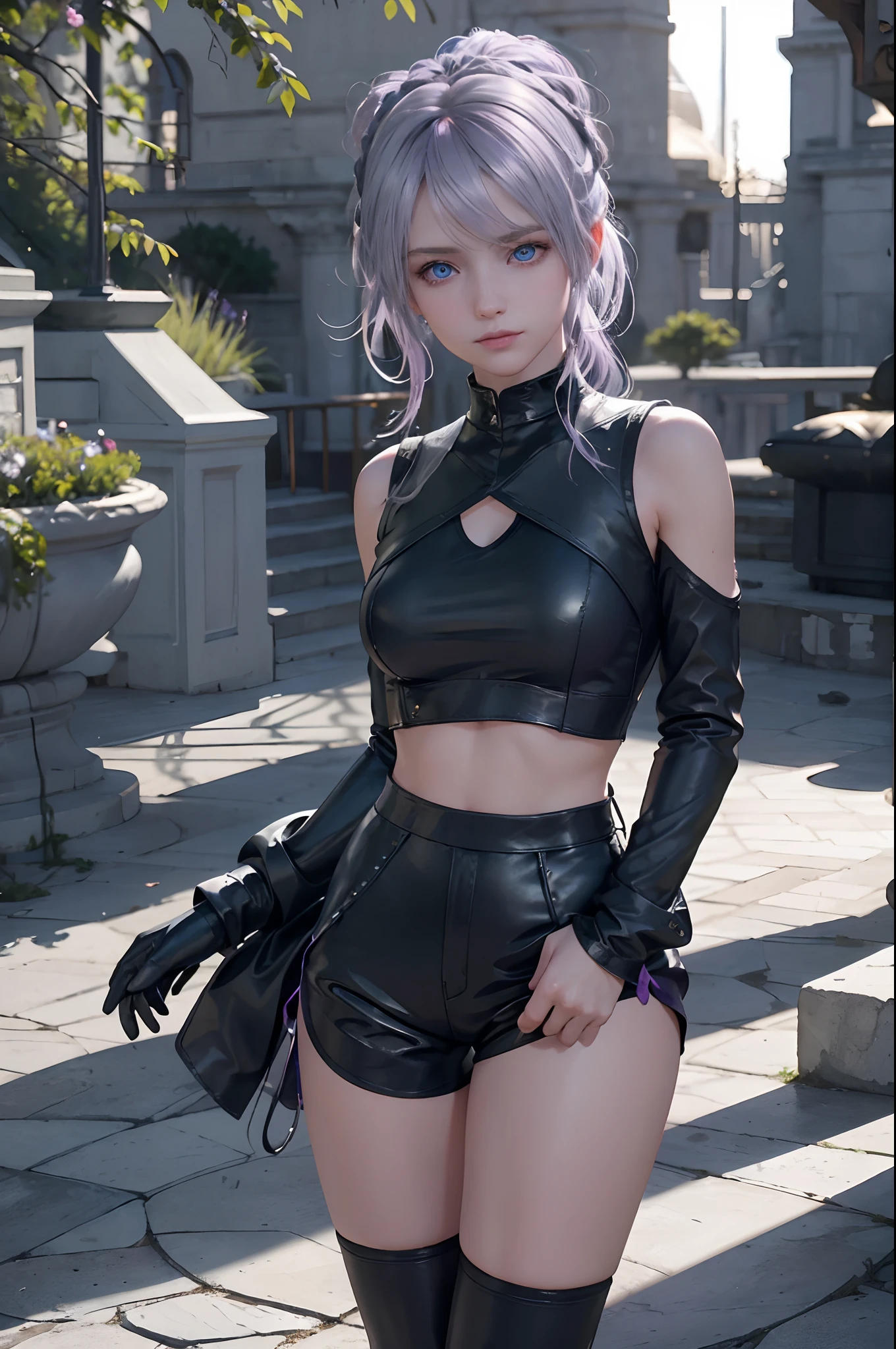 The tooltip for a given topic is as follows: "Girl with a European face, Aryan face, 20years old, Silvery-purple hair, pale purple-blue hair, Bright blue eyes, Her hair is tied up in a bun and falls to her right shoulder. Dressed in a comfortable leather suit, ((black shorts)), Black Leather Leggings, (((clothes in dark colors))), close-fitting clothes, (Best Quality, 4k, 8K, hight resolution, Masterpiece:1.2) Ultra-detailed features, including realistic, Photorealistic eyes and face. The figure shows the media (Insert Material) that resembles an illustration, oil painting, or 3D rendering. Girl in the garden with bright flowers and sharp focus, soft studio lighting. The overall atmosphere is calm and serene, with a touch of unearthly beauty. The color scheme is dominated by shades of black, Creating a dreamy and surreal aesthetic."