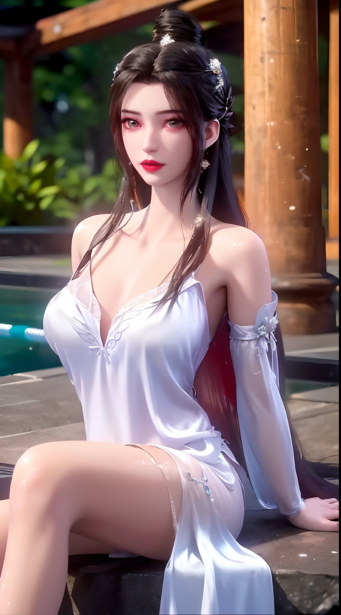 1 beautiful and sexy 20 year old girl, ((wearing a white silk nightgown:2)), ((girl wearing thin 2-strap antique nightgown:1.8)), not wearing pants, sexy hanfu style, ((long red hair:1.7)), jewelry elaborately made from precious stones and beautiful hair, ((wearing a 24k gold lace necklace:1.4)), the noble, noble style of an extremely beautiful girl, her small face is super cute, her face is very pretty, thin eyebrows, flawless beautiful face, ((black eye pupils: 0.8)), very beautiful eyes, ((pale platinum color eyes: 1)), (((big round eyes:1.6))), nice makeup and hair detailed eyelashes, steamy eye makeup, high nose, earrings, red lips, ((closed mouth: 1.5)) beautiful lips, slim hands, most beautiful thighs, ((arms spread out to the sides: 1.5)), rosy face, clean face, flawless beautiful face, smooth white skin, plump body, beautiful cleavage, (((breasts are round and full: 1.8))), beautiful breasts, perfect body, ((put girl's arms behind her back:1.6)), chest out, ((position lying down in bed:1.2)), ((Open your legs:1.5)), not ashamed, 8k photo, super high quality, super realistic, super 10x pixels, optical, bright studio, bright edges, dual-tone lighting, (high-detail skin:1.2), super 8k, soft lighting, high quality, volumetric lighting, photorealistic, photorealistic high resolution, lighting, best photo, 4k, 8k quality, smooth sharp, 10x pixel, ((outdoor swimming pool background:1.5)), aurora, lightning, super graphics realistic, most realistic graphics, 1 girl, alone, solo, Extremely sharp image, surreal, ((portrait:1.5))."