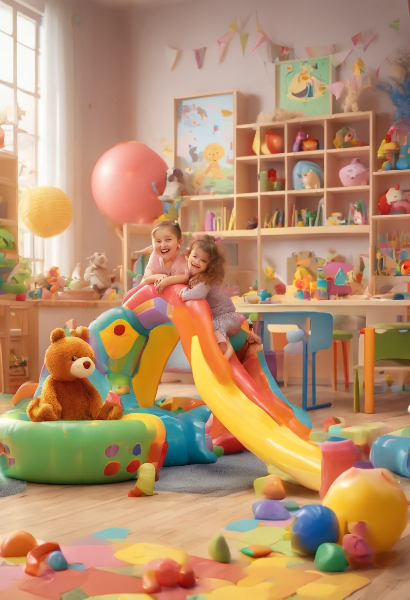 (best quality,4k,8k,highres,masterpiece:1.2),ultra-detailed,(realistic,photorealistic,photo-realistic:1.37),children playing inside a children's playroom,illustration,soft lighting,colorful environment,toys scattered on the floor,imaginative atmosphere,happy faces,joyful expressions,cute kids,cartoonish style,bright and vibrant colors,fluffy stuffed animals,interactive play equipment,playful energy,small tables and chairs,books and puzzles on shelves,whimsical wallpaper patterns,music playing in the background,fantasy-themed decorations,happy laughter,supervised play area,kids happily exploring the room,intense focus on the activities,safety precautions in place,children building blocks towers,dress-up corner with costumes,inflatable bouncing castle,slide and ball pit,creative artwork displayed on walls,warm and inviting atmosphere,imaginative play encouraged,foster social interaction and creativity,memorable childhood experiences.