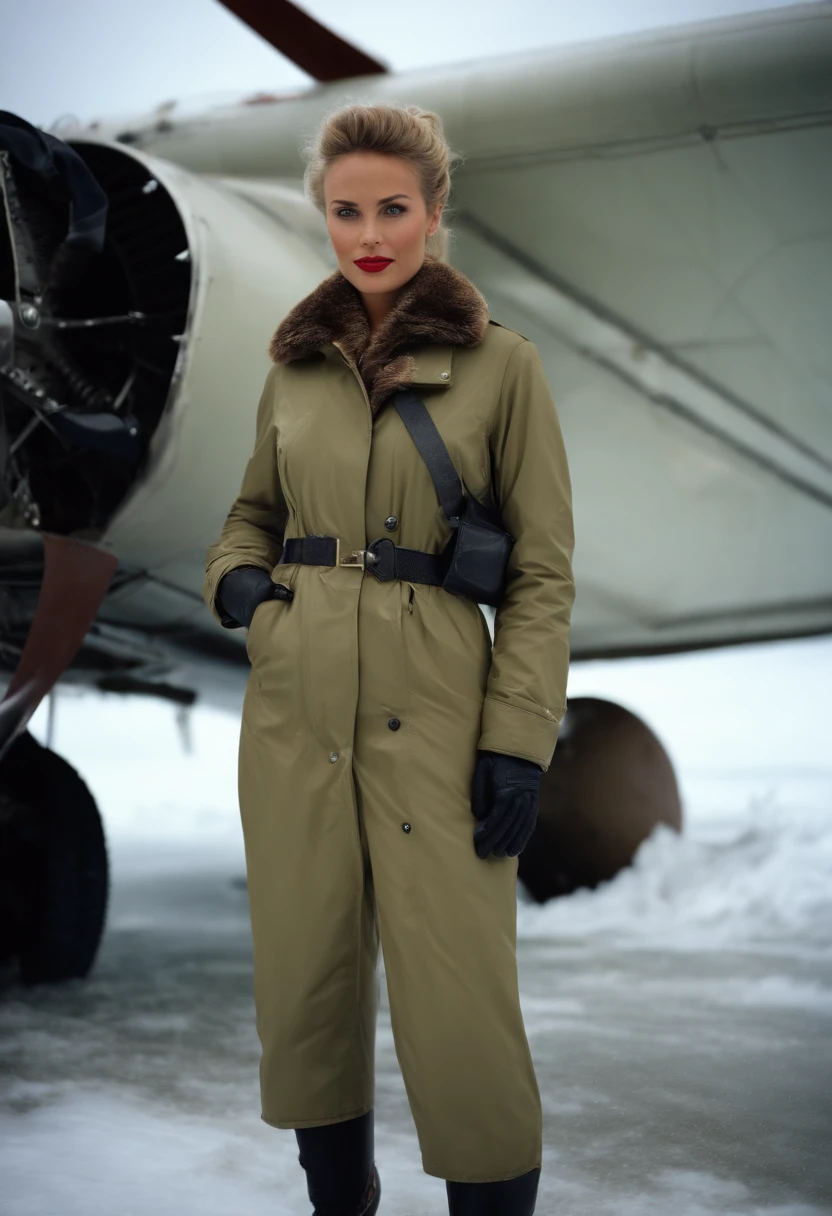 ((High definition)), ((full bodyesbian)) press photography, ((Aviator))((Wear an open raincoat and underwear)), ((Lockheed Vega 5B at the North Pole)), ((Enchanting)), ((hair-bun)), ((looking at the camera in)), Detailed, Detailed pretty face, Sharp focus, (Detailed and intricate), 4K, Leica 35mm F2.8, Fuji Superia Reala 100