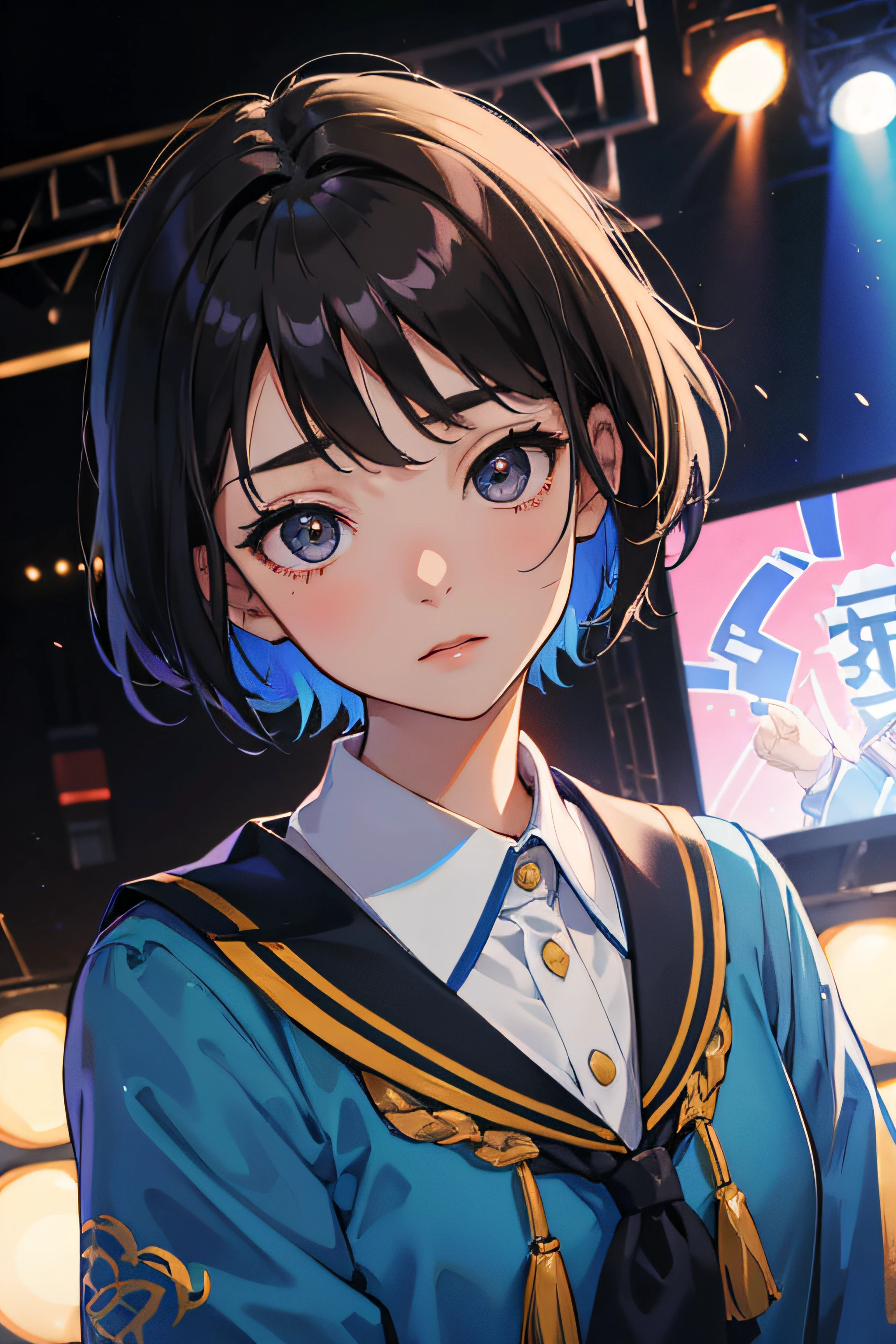 an idol dressed in a blue outfit, japanese girl school uniform, idol, young idol, japanese girl school uniform, short hair, light brown skin color, black hair color, black eyes color, half body, cinematic, close up, looking at camera, colorful background, on the stage, anime, anime 4k, 8k