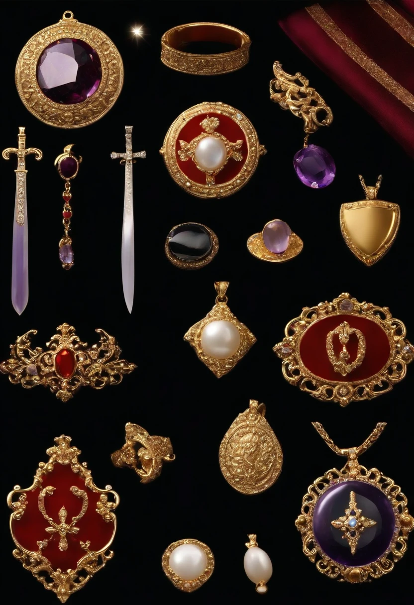(in the style of futuristic:1.2),(Full Focus:2),(Everything is laid out in a display case:1.3),(Luxurious silk|medal|ore|Luxury weapons|obsidian|pearls|hisui|white jade|amethyst|sapphires|Gold products|Silver products|Purple gold|Magical jewelry|antiquarian|Red Jewel|Diamond|topaz|:2),magus alter with the magical weapons, Magic symbols,Magic light particle effect,wand, chalice, sword and gold pantacle, High-value metals,Detailed and complex background, glittery, reflective light, hyper HD, Award-Awarded, A high resolution, High detail, Chiaroscuro, Cinematic lighting, Masterpiece, Ray traching,structurally correct, Super detail, High quality, High details, Best quality, 16k