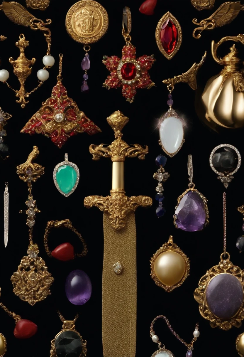 (in the style of futuristic:1.2)，(Full Focus:2),(Everything is laid out in a display case:1.3)，(Luxurious silk|medal|ore|Luxury weapons|obsidian|pearls|hisui|white jade|amethyst|sapphires|Gold products|Silver products|Purple gold|Magical jewelry|antiquarian|Red Jewel|Diamond|topaz|:2)，magus alter with the magical weapons, Magic symbols，Magic light particle effect，wand, chalice, sword and gold pantacle, High-value metals，Detailed and complex background, glittery, reflective light, hyper HD, Award-Awarded, A high resolution, High detail, Chiaroscuro, Cinematic lighting, Masterpiece, Ray traching，structurally correct, Super detail, High quality, High details, Best quality, 16k