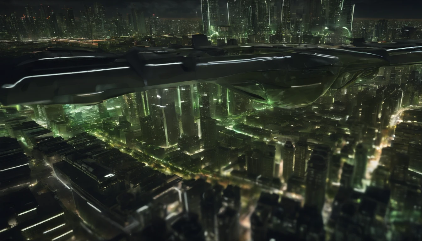 best quality, Realistic, HDR, ultra-detalhado, arquitetura do filme Matrix, futuristic cityscape, Estilo cyberpunk, holographic advertisements, neon lights, towering skyscrapers, chuva digital em cascata, Glass and steel structures, Ruas movimentadas, flying vehicles, Virtual Reality Simulations, Design elegante e minimalista, Esquema de cores preto e verde, Buildings controlled by artificial intelligence, surveillance cameras, Underground Tunnels, becos escuros, Robotic agents, Drones, Matrix Code Transmitting Buildings, post apocalyptic atmosphere, esconderijos rebeldes, Entradas escondidas, realidade distorcida, efeitos de falha, Reflections on glass surfaces, ambiente misterioso e surreal, Sombriously beautiful aesthetics, dark and menacing tones, ambiente 3D imersivo, Skyline Infinito, Advanced technology, Dystopian society. add extra green lights
