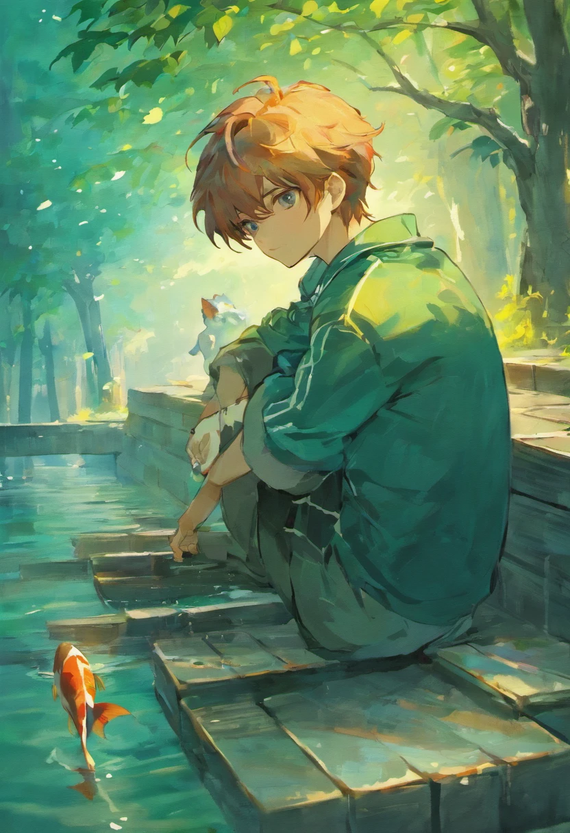 anime boy sitting on a bench with koi fish in the water, handsome guy in demon slayer art, handsome anime pose, inspired by Bian Shoumin, shining moon in the sky, soothing lake, by Yang J, artwork in the style of guweiz, cai xukun, anime handsome man, beautiful androgynous prince, yanjun chengt, sakimichan frank franzzeta