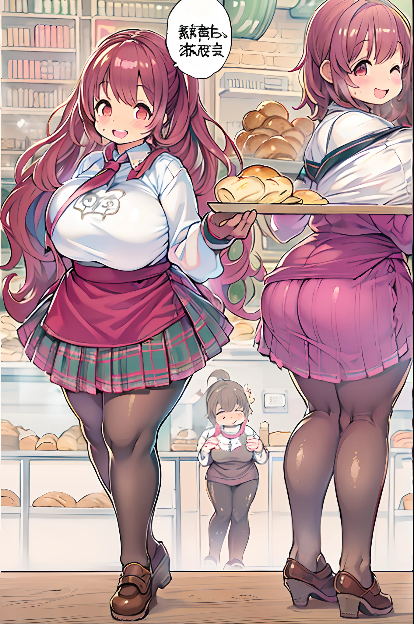 女の子1人、huge-breasted、kawaii、bbw、thick thight、big butts、Ultramammy,ＴThe shirt、pleatedskirt、In the bakery、Bread lining、A big smile