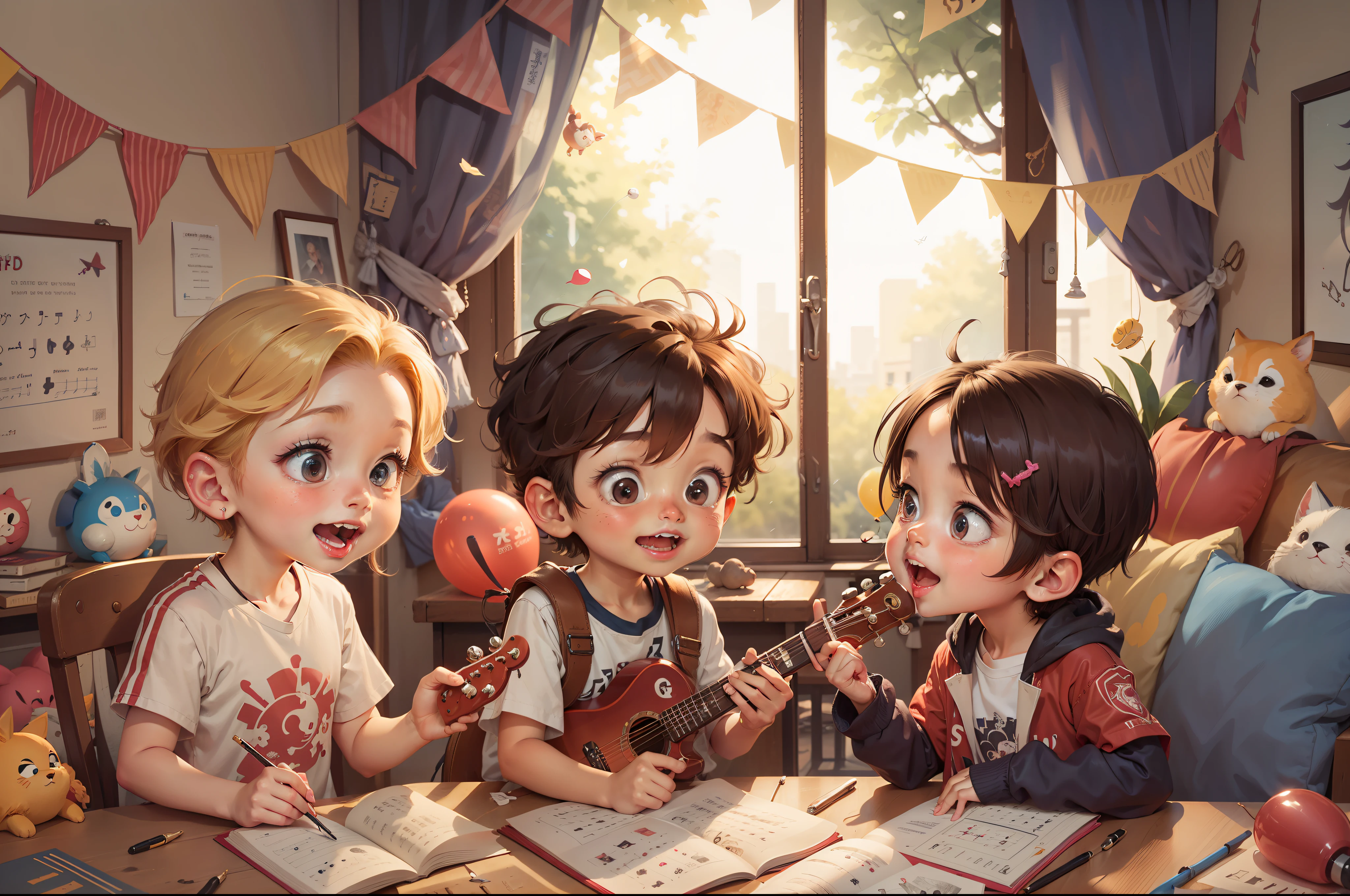 UHD，（high definition resolution：1.2），gloss on the skin，（best qualtiy：1.1），（tmasterpiece），（best qualtiy），ssmile，（beautiful  detailed face），（beatiful detailed eyes），8K，Colorful balloons flying around，（（Two boys playing musical instruments）），Peripheral critters，do lado de fora，adolable，夏天
