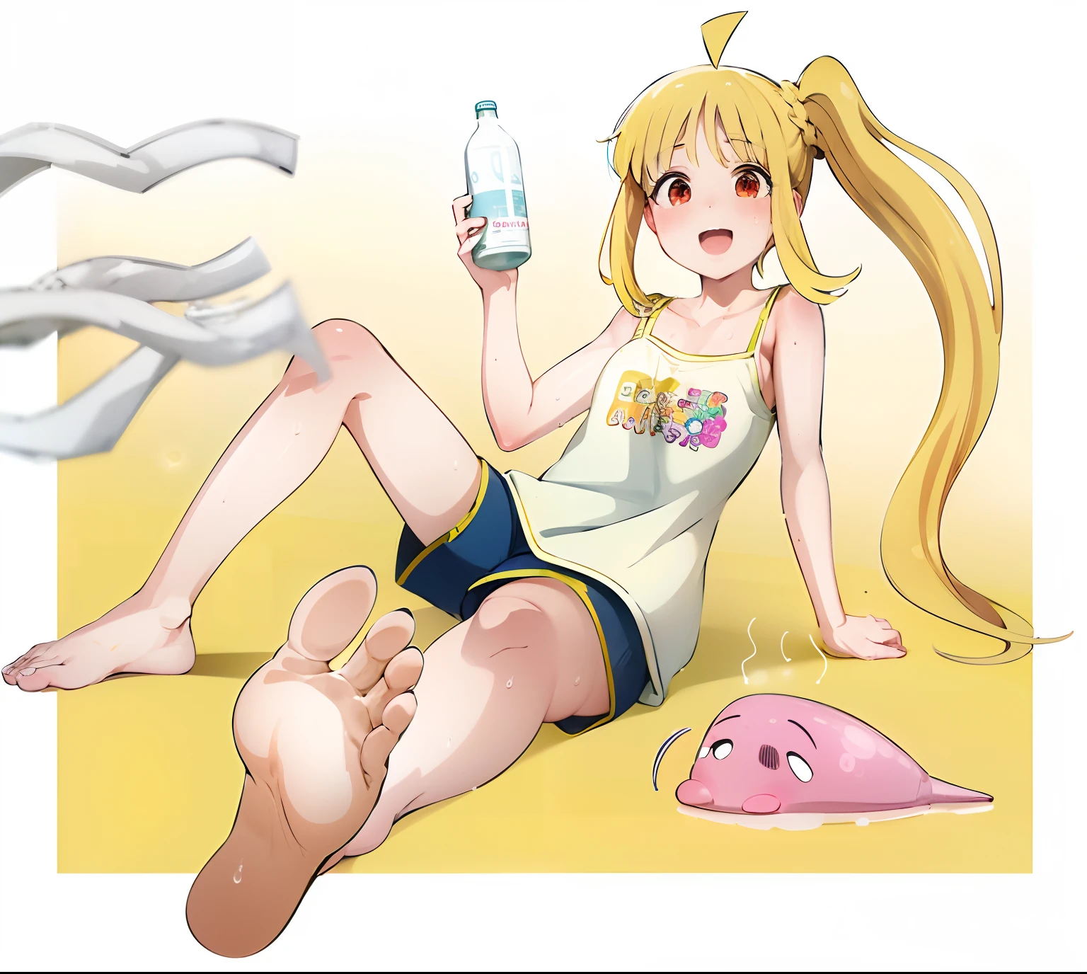 (best quality,ultra-detailed,realistic:1.37),(HDR,UHD,studio lighting),(professional,extremely detailed face,sharp focus),Bocchi the Rock character Nijika artwork,exposing belly button,shiny thighs,on the beach,illustration,physically-based rendering,portraits,vivid colors,warm summer tones,soft sunlight,sand,crashing waves,cute swimsuit,smiling face,playful expression,freckles,long silky hair,flowing in the breeze,wet hair strands,sparkling droplets,dynamic pose,dancing in the water,joyful moment