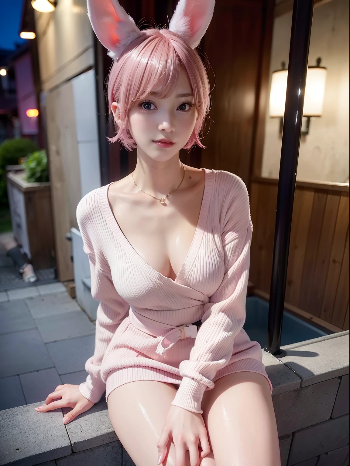 Pink short cut hair、top-quality,ultra-detailliert,​masterpiece,realisitic,Photo Real,Bright lighting,1 girl in, an extremely beautiful 17-year-old girl, Public bath dressing room、(kawaii:1.2),Thin smile, (Brown eyes),(A pink-haired),(bangss),flawless skin,((erotick,Sexy and sexually explicit)),((accurate hands without incongruity)), large full breasts,big breasts thin waist, Look at viewers,((Beige sweater)),,((Sit up,spread legswide)),  (Skinny Jeans),(Loafer shoes), Open-air bath at night、Raw photo、(masuter piece)、(top-quality)、Hi-Res、(girl with)、(realisitic、Photorealsitic:1.2), Upper body、Facing up、skinny、small tits、Eyes closed、Deep sadness、Sorrow、look up sky、Open mouth、Scream、(8K, top-quality, ​masterpiece:1.2), (realisitic, Photorealsitic:1.37), ultra-detailliert, 1 girl in, full body Esbian, Back alley of Japan(Adjusted hair:1.5) 、Alpha Layer、high-heels、cute little、独奏、Beautiful detailed sky、(A smile:1.15)、(Mouth closed)、tiny chest、Eyes in Beautiful Details、（short-hair：1.2）、Floating Hair NovaFrogStyle、Hotel Bed、masuter piece、Pink Shortcut Bob、Realistic rabbit ears、Pink realistic rabbit ears、Realistic ears of rabbits sticking out of the head、Pink hair、Beautiful girl in her 20s、Bewitching atmosphere、Beautiful shaped hands、K-POP、Pink rabbit ears、1 girl in、独奏、​masterpiece、top-quality、realisitic、Hyper-detailing、(Glossy skin:1.4)、absurderes、short pink hair、Slender beauties、动态照明、hight resolution、foco nítido、depth of fields、(thick thight:1.0)、A slender :1.2，((Short-cut bob hair))、((k pop:1.3))，Highly detailed facial and skin texture、((魅惑的))，Anatomically correct number of fingers，Correct anatomy