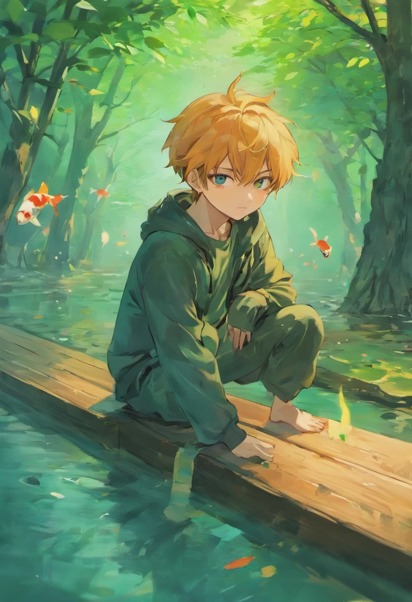 anime boy sitting on a bench with koi fish in the water, handsome guy in demon slayer art, handsome anime pose, inspired by Bian Shoumin, shining moon in the sky, soothing lake, by Yang J, artwork in the style of guweiz, cai xukun, anime handsome man, beautiful androgynous prince, yanjun chengt, sakimichan frank franzzeta