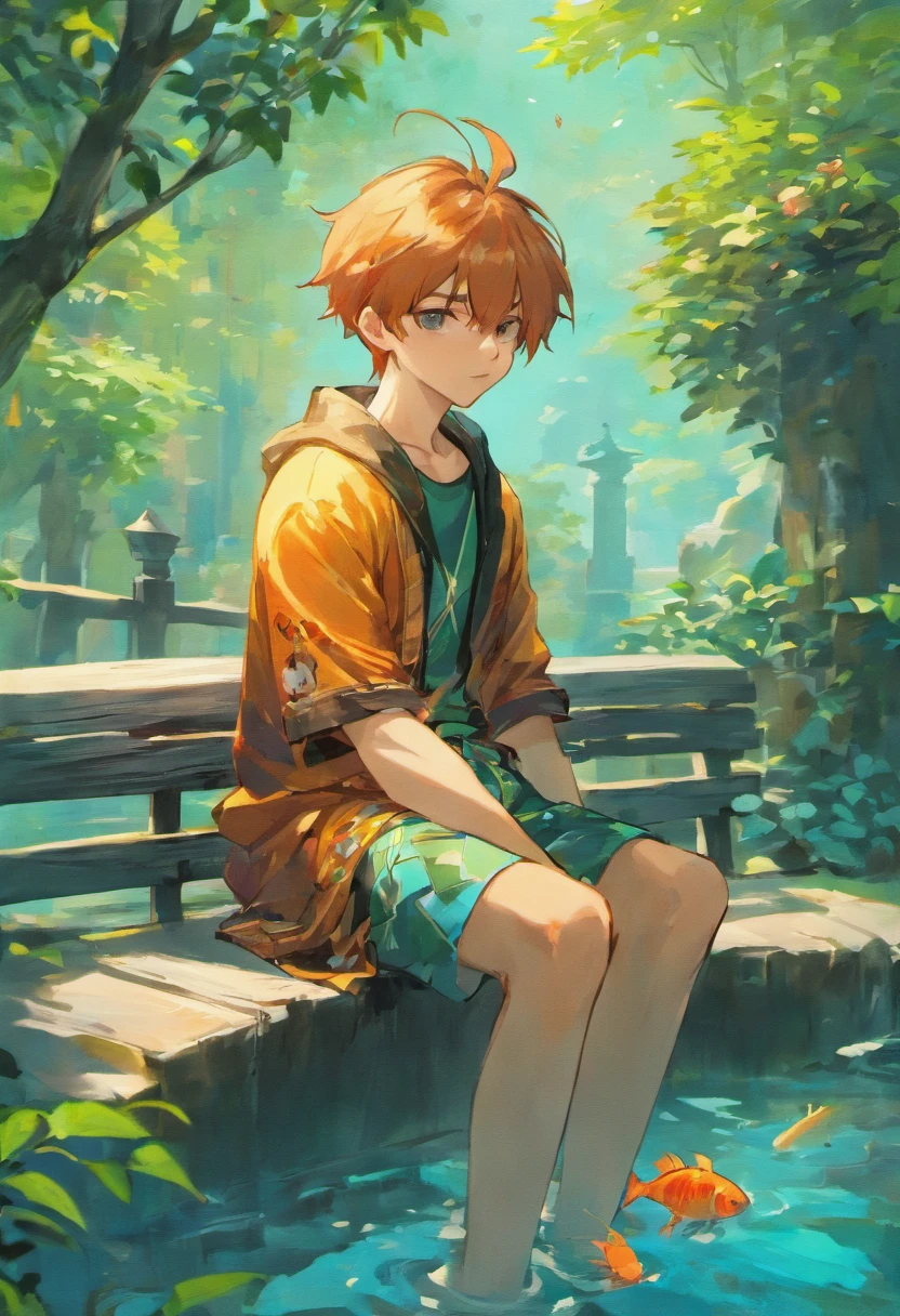 anime boy sitting on a bench with koi fish in the water, handsome guy in demon slayer art, handsome anime pose, inspired by Bian Shoumin, shining moon in the sky, soothing lake, by Yang J, artwork in the style of guweiz, cai xukun, anime handsome man, beautiful androgynous prince, yanjun chengt, sakimichan frank franzzeta