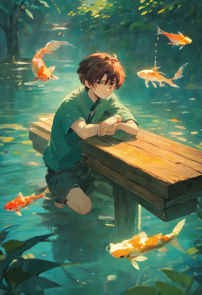 anime boy sitting on a bench with koi fish in the water, handsome guy in demon slayer art, handsome anime pose, inspired by Bian Shoumin, shining moon in the sky, soothing lake, by Yang J, artwork in the style of guweiz, cai xukun, anime handsome man, beautiful androgynous prince, yanjun chengt, sakimichan frank franzzeta