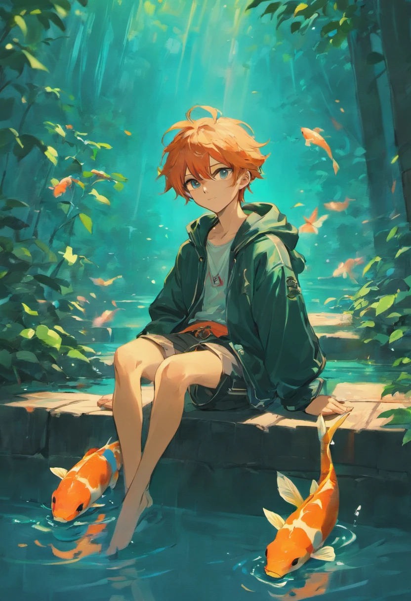 anime boy sitting on a bench with koi fish in the water, handsome guy in demon slayer art, handsome anime pose, inspired by Bian Shoumin, shining moon in the sky, soothing lake, by Yang J, artwork in the style of guweiz, cai xukun, anime handsome man, beautiful androgynous prince, yanjun chengt, sakimichan frank franzzeta