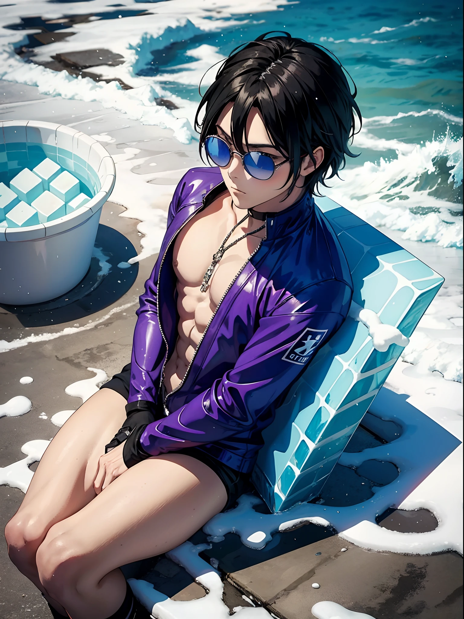 anime sexy man sitting on an ice cube