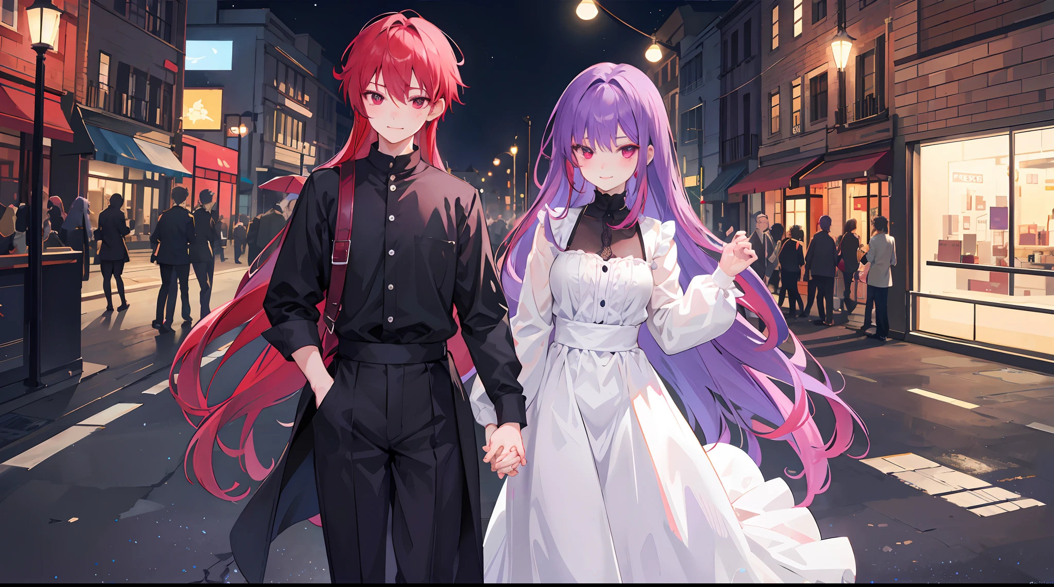 the girl purple hair,the girl has long skirt,the girl has long sleeves,the girl has purple hair, the girl has purple eyes, the boy and the girl, close up of two person and holding hands,cute, cheerful, smile, blush, street view, looking at us, modest clothes,the boy has long hair,the boy has red eyes,the boy has red hair,the boy has a waiter's shirt, the boy has a long black shirt,