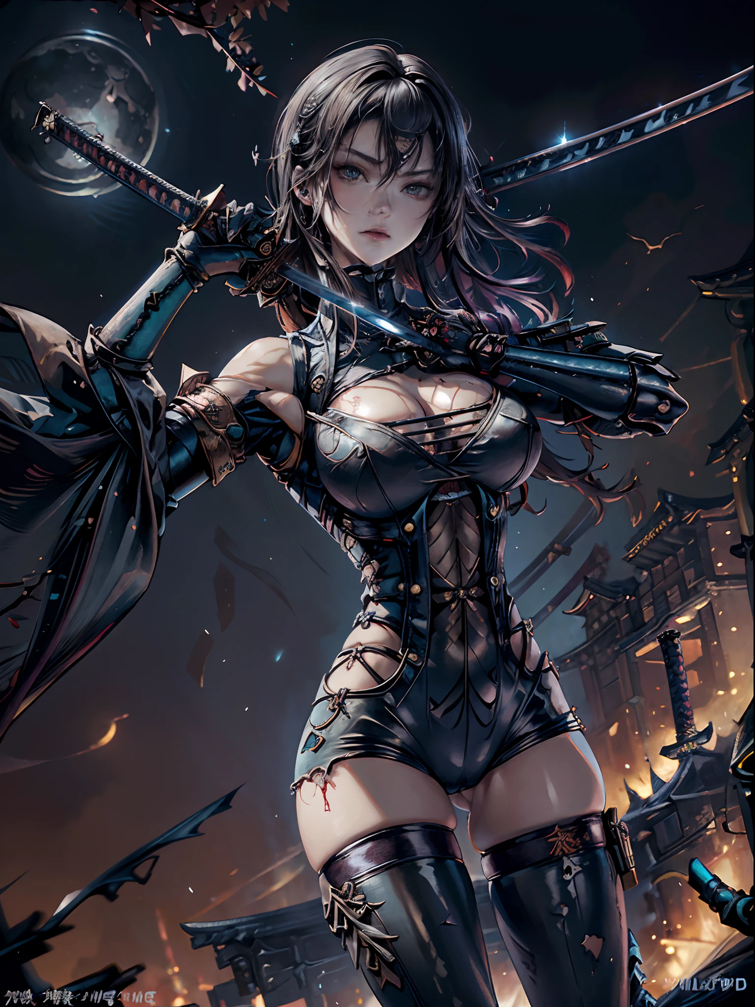 Cinematic lighting,super detailed skin、Beautiful detailed eyes、Best Quality,cyberpunked,Perfect Anatomy、(Alternative、dim colors, Soothing tones:1.3),Huge machine behind、NSFW(2 Beautiful Women、Detailed beautiful facial features:1.3)(well-shaped breasts、Ripped clothes:1.5).(Holding a modified Japan sword in his hand、Multi-arm:1.8)（pov from down:1.8）Predawn sky、Destroyed coast、(Mechanical Moon:1.2)