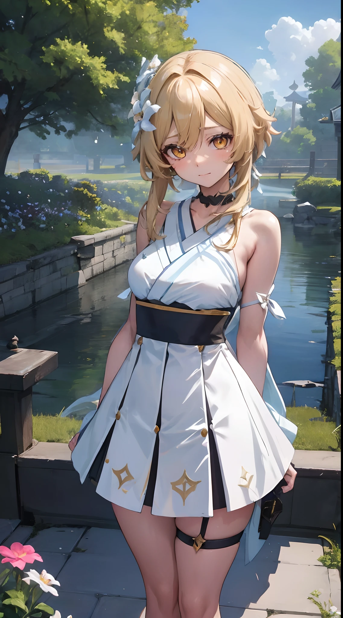 Lumine | genshin impact, master-piece, bestquality, 1girls,25 years old, proportional body, proportional., Hanbok ,bara, choker, arm behind back, Outdoor standing, Challenge in the middle of a beautiful flower garden, Clear skies, View viewers from the front., Thigh strap, Head tilt, bored, 10, 10, HD, slight smile,