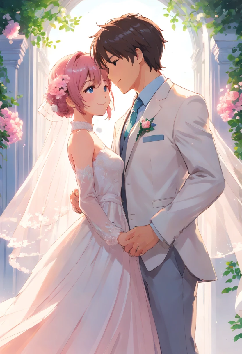 masterpiece, 1girl, 1boy, dress, two people, wedding dress, necktie, couple, smile, strapless dress, closed eyes, pants, strapless, veil, flower, long hair, holding, jewelry, gloves, shirt, necklace, bouquet, white pants, holding bouquet, white dress, blue eyes, white shirt, open jacket, holding hands, elbow gloves, white gloves, white jacket, pink necktie, bridal veil, white background, wedding, husband and wife, long sleeves, long dress, pink flower, short hair, standing, novel cover