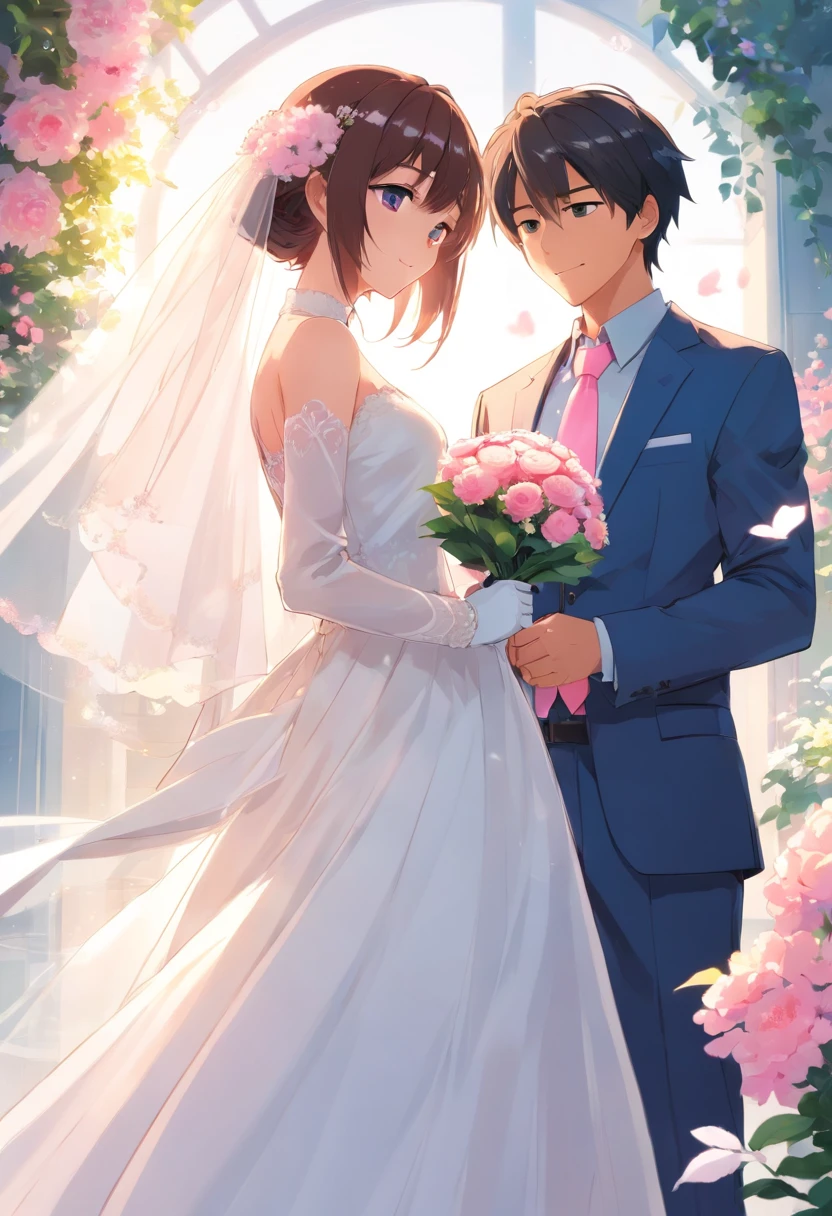 masterpiece, 1girl, 1boy, dress, two people, wedding dress, necktie, couple, smile, strapless dress, closed eyes, pants, strapless, veil, flower, long hair, holding, jewelry, gloves, shirt, necklace, bouquet, white pants, holding bouquet, white dress, blue eyes, white shirt, open jacket, holding hands, elbow gloves, white gloves, white jacket, pink necktie, bridal veil, white background, wedding, husband and wife, long sleeves, long dress, pink flower, short hair, standing, novel cover