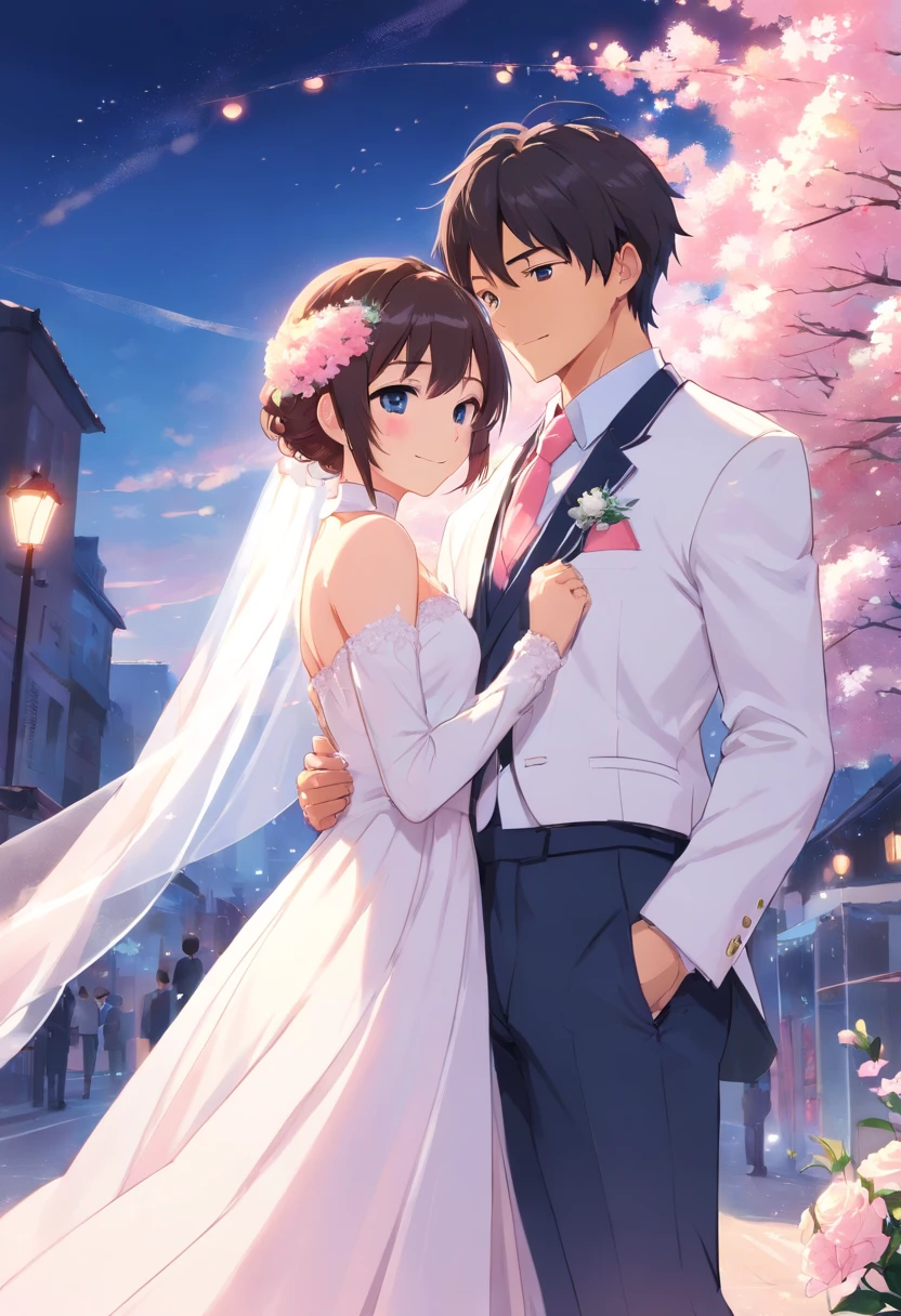 masterpiece, 1girl, 1boy, dress, two people, wedding dress, necktie, couple, smile, strapless dress, closed eyes, pants, strapless, veil, flower, long hair, holding, jewelry, gloves, shirt, necklace, bouquet, white pants, holding bouquet, white dress, blue eyes, white shirt, open jacket, holding hands, elbow gloves, white gloves, white jacket, pink necktie, bridal veil, white background, wedding, husband and wife, long sleeves, long dress, pink flower, short hair, standing, novel cover