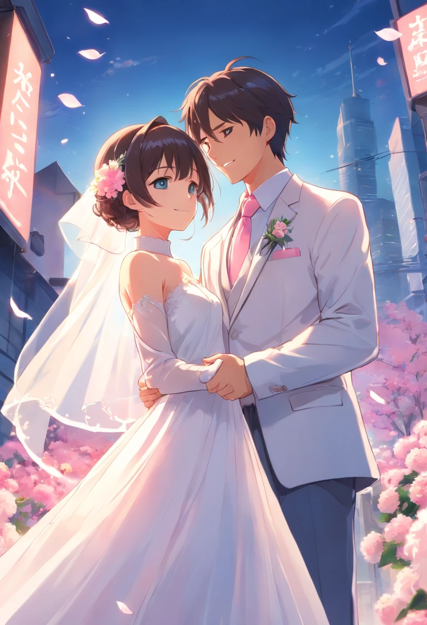 masterpiece, 1girl, 1boy, dress, two people, wedding dress, necktie, couple, smile, strapless dress, closed eyes, pants, strapless, veil, flower, long hair, holding, jewelry, gloves, shirt, necklace, bouquet, white pants, holding bouquet, white dress, blue eyes, white shirt, open jacket, holding hands, elbow gloves, white gloves, white jacket, pink necktie, bridal veil, white background, wedding, husband and wife, long sleeves, long dress, pink flower, short hair, standing, novel cover
