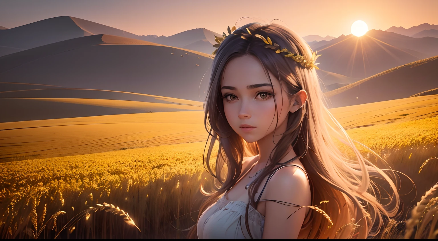 a wheat field, NO CAMPO, (Twilight), sol, beleza, Luzes e sombras interessantes, desfoque de foco:0.4, master part, (extremamente detalhado CG unidade 8k papel de parede), 8k render, grande angular DETALHE APROXIMADO , trending