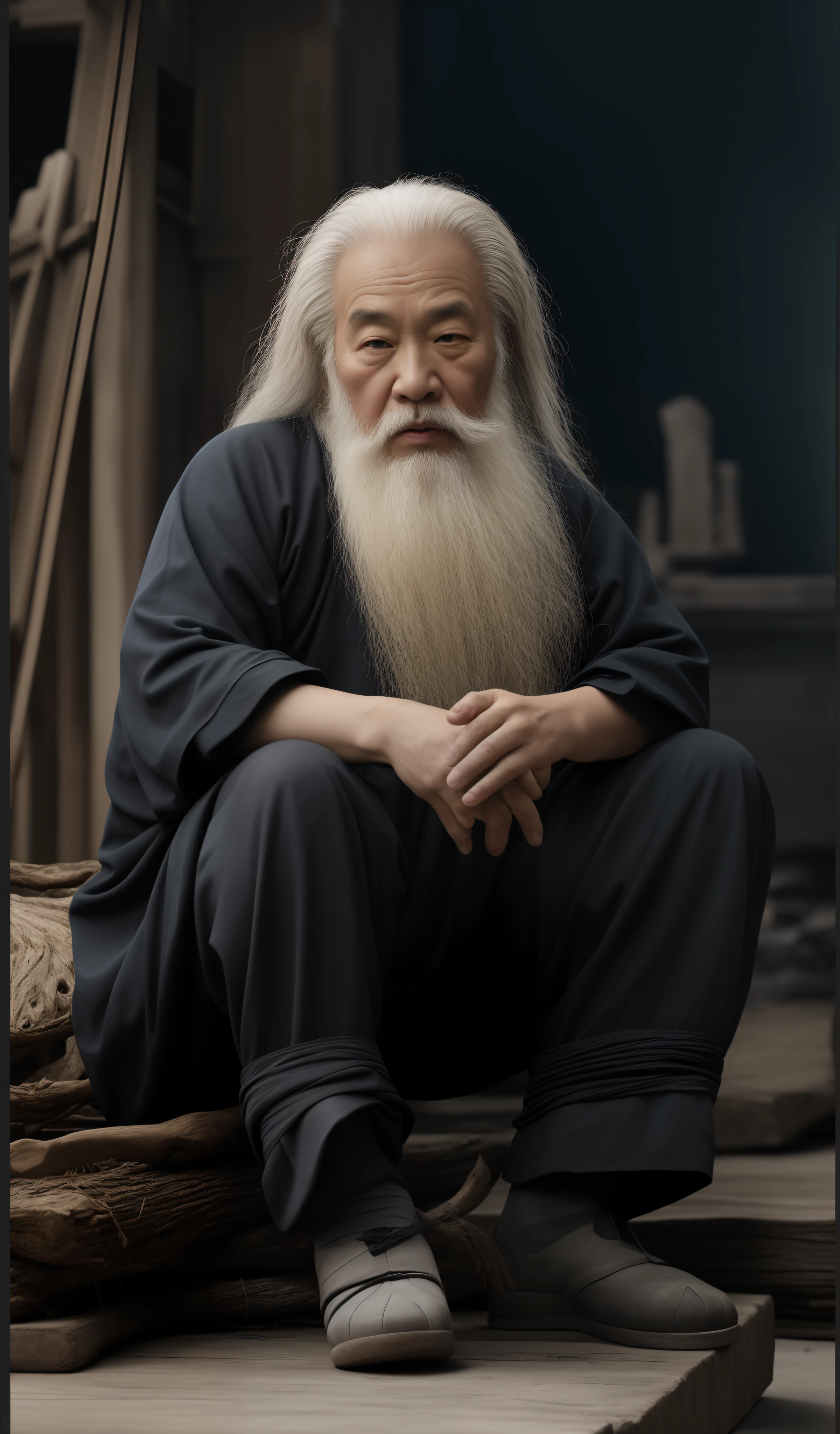 o longo, homem de barba branca Arad senta-se em uma pilha de troncos, inspirado em Hu Zaobin, Olhos Elaborados。olhar profundo。autor:Cheng Zhengkui, lu ji |, inspirado em Wu Daozi, Chinese artist, Fotografo, Feng Shu, inspirado por Li Gonglin, autor:Texto Ann, inspirado em Lu Zhi, taoist master